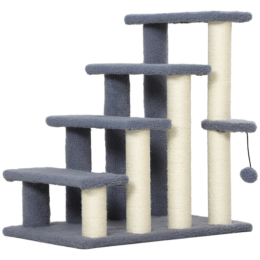 4 Step Cat Tree Stairs with Cat Scratching Post, Jumping Platform, Toy Ball, Grey Cat Stairs   at Gallery Canada