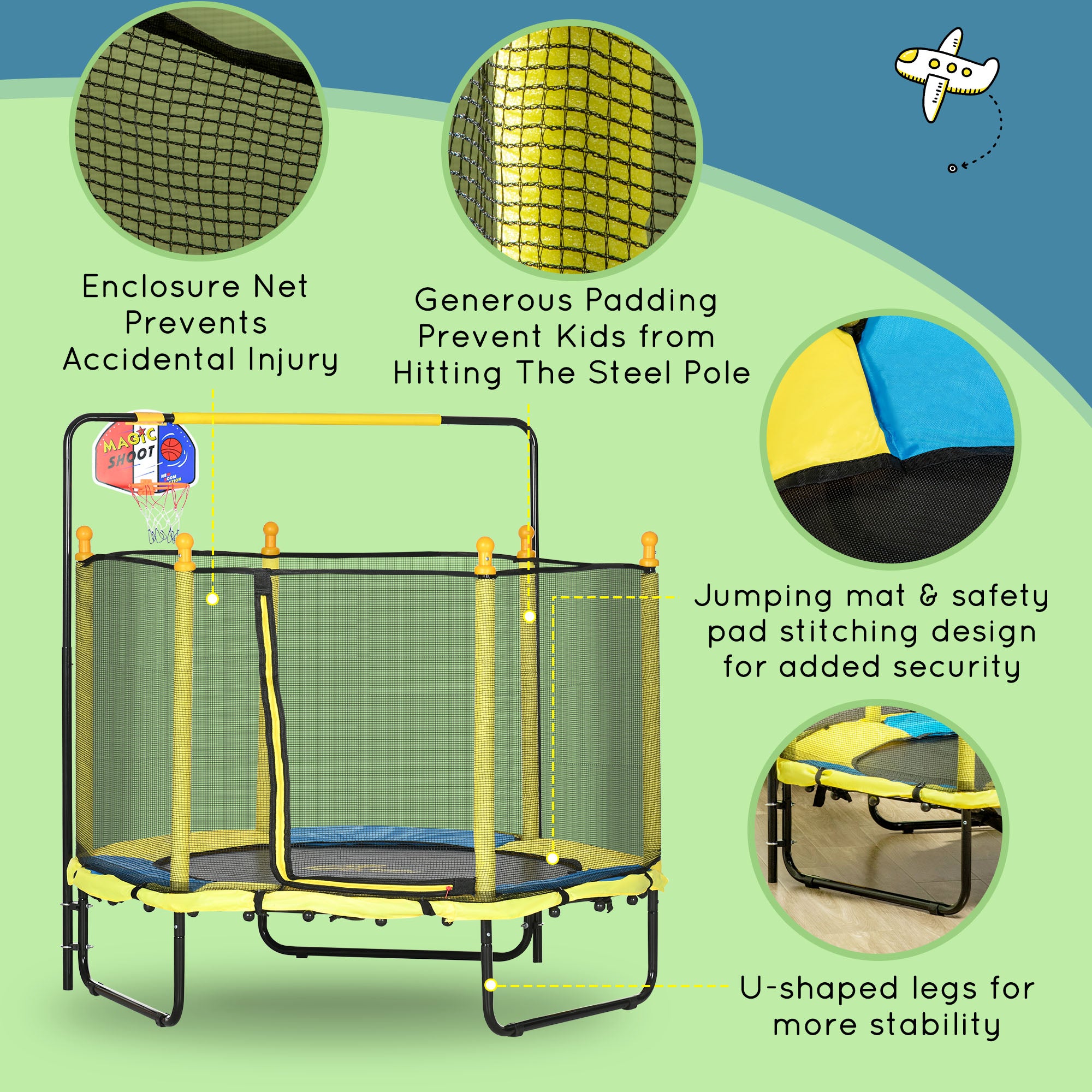 4.6ft Kids Trampoline with Basketball Hoop, Horizontal Bar with Net for Children Ages 3-10, Yellow Trampolines at Gallery Canada