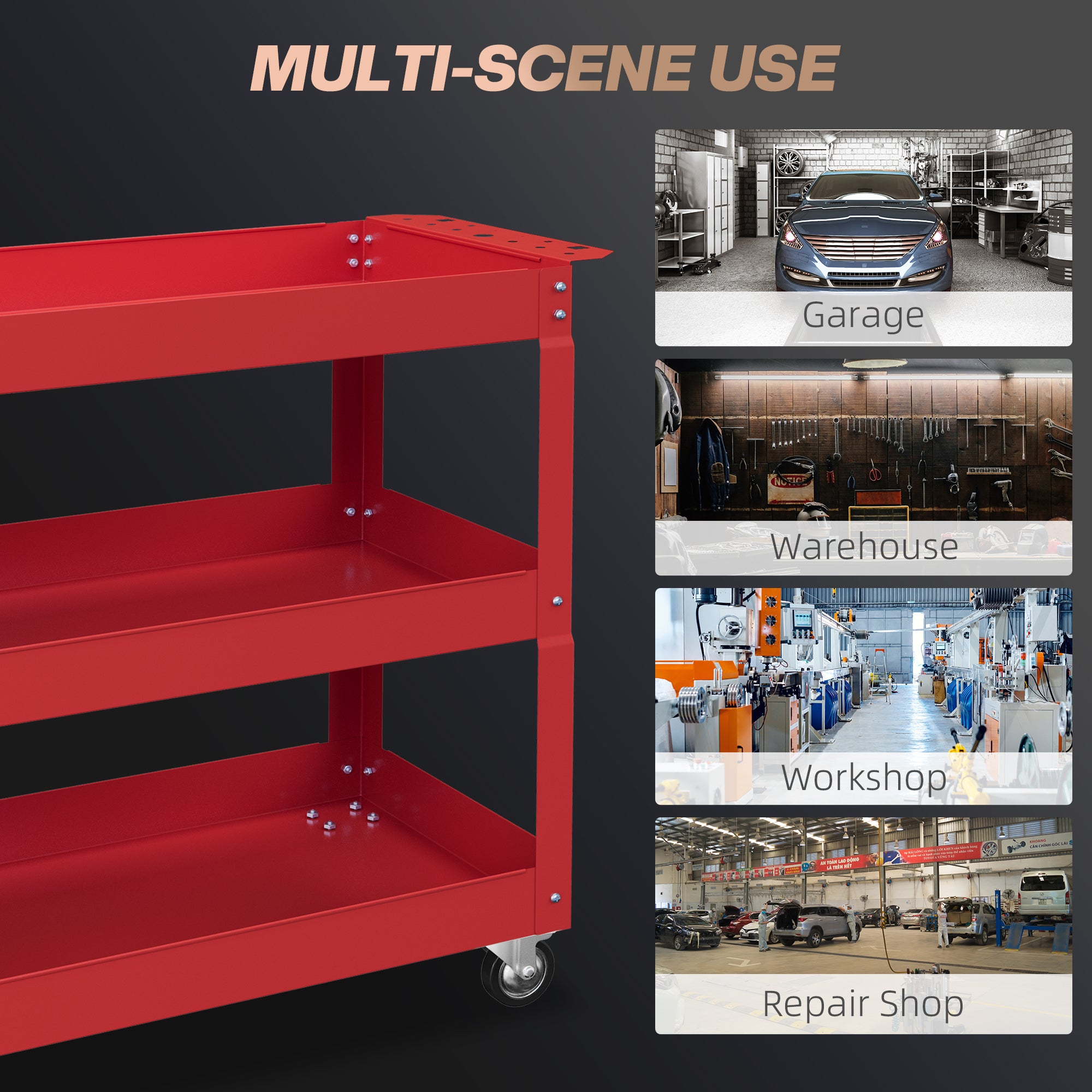 3 Tier Rolling Tool Cart with Wheels, 330 LBS Capacity Heavy Duty Utility Cart, Mobile Service Cart for Garage, Red Tool Organizers at Gallery Canada