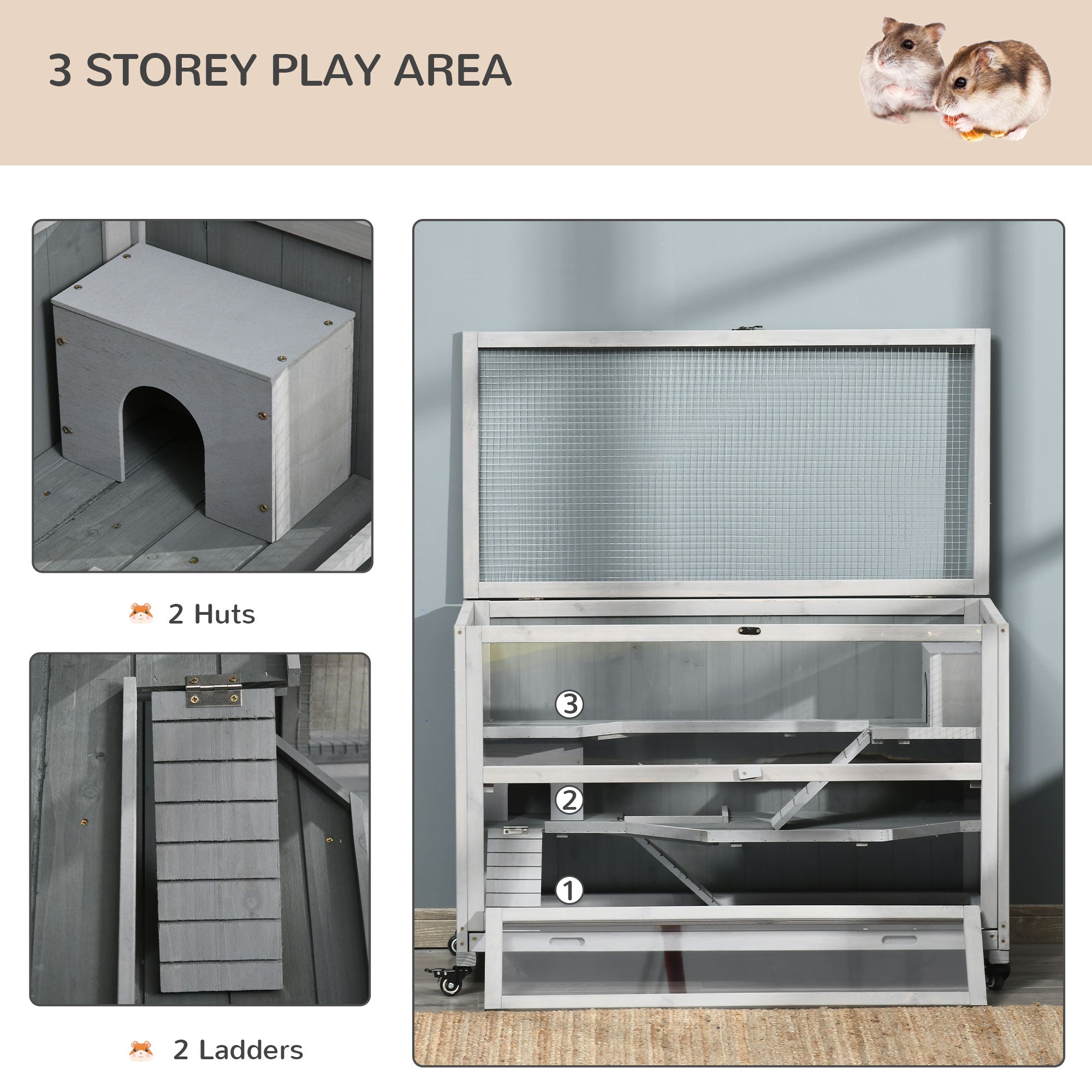 3 Tier Wooden Hamster Cage with Wheels for Dwarf Hamster, Light Grey Hamster Cages at Gallery Canada