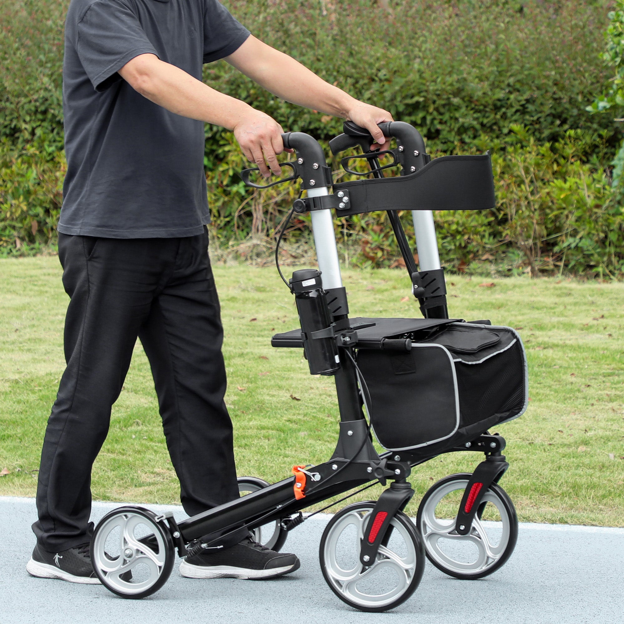 Lightweight Folding Rolling Walker with Large Seat, Back, Adjustable Handle, Bag, Dual Brake, Cane Holder, Black Knee Walker & Wheelchair Ramps at Gallery Canada