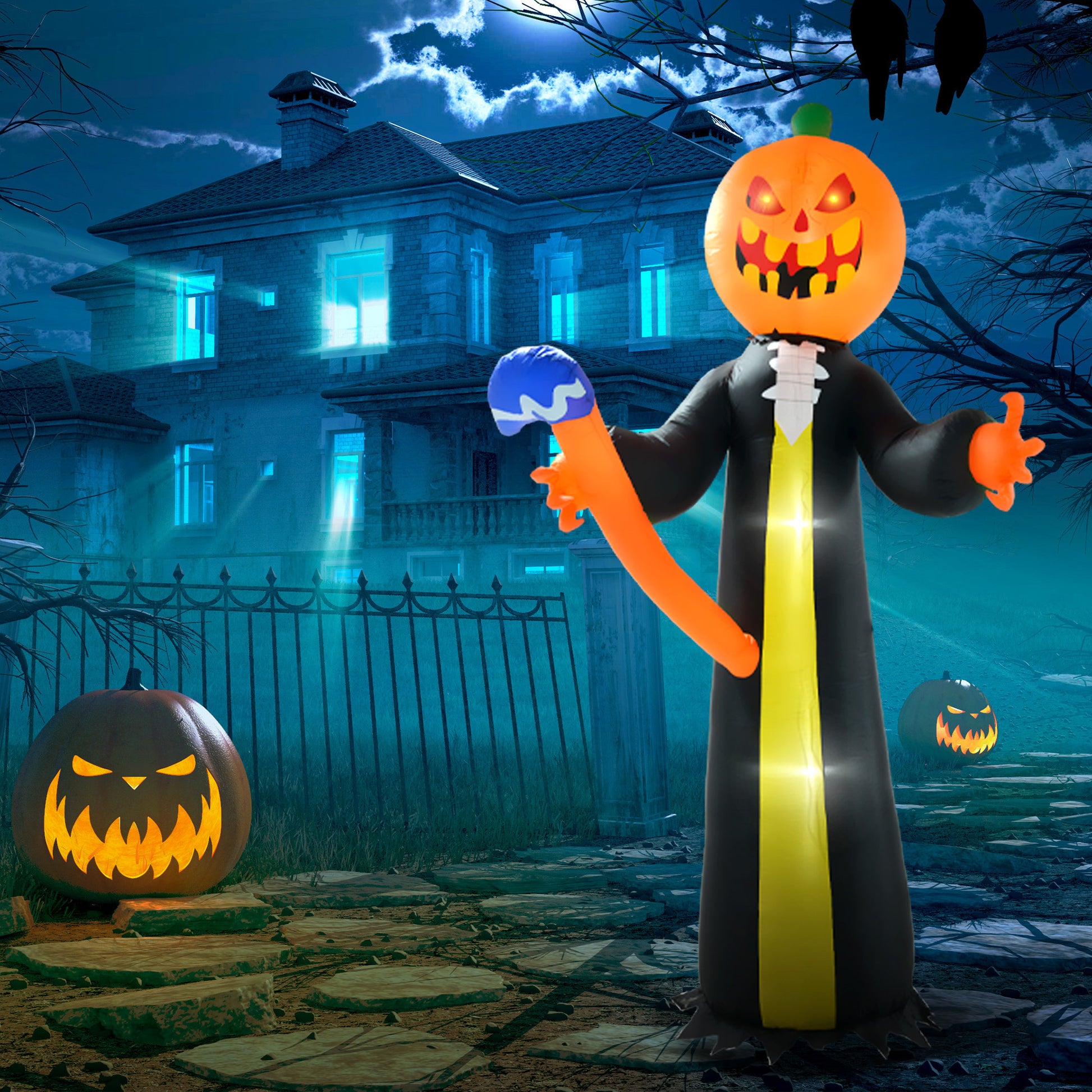 10ft Halloween Inflatable Pumpkin Head Ghost with Hammer, Built-in LED Lights for Yard, Lawn Decoration Halloween Decorations   at Gallery Canada