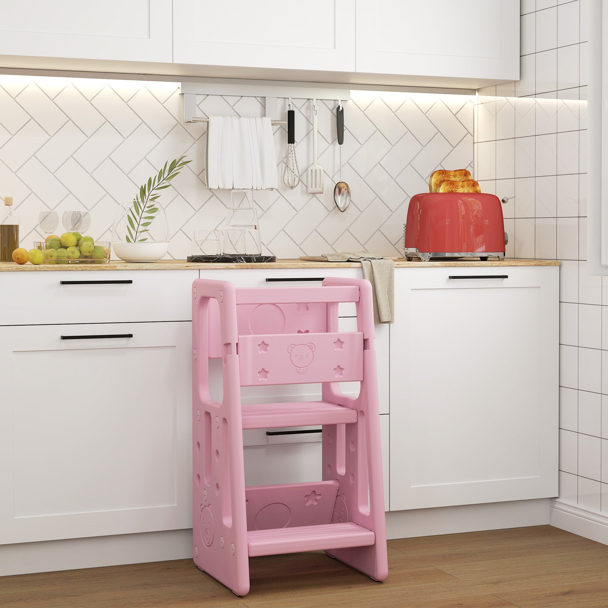 Toddler Kitchen Helper 2 Step Stool with Adjustable Height Platform and Safety Rail, Pink Toddler & Kids Step Stools at Gallery Canada