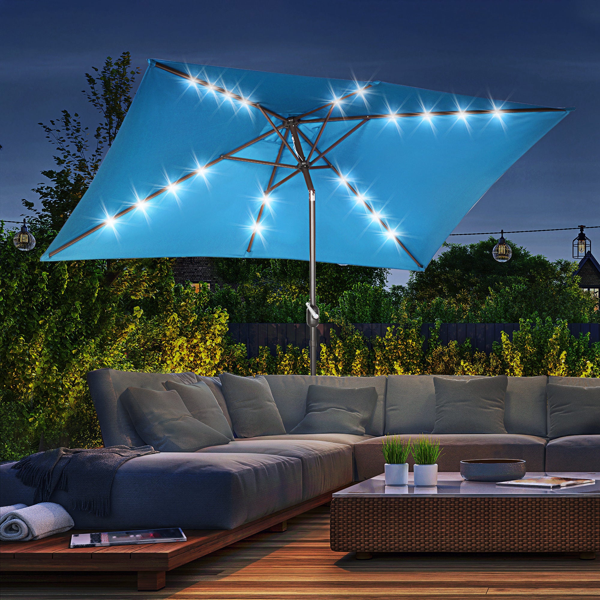 6.5x10ft Patio Umbrella Rectangle Solar Powered Tilt Aluminum Outdoor Market Parasol with LEDs Crank (Turquoise) Sun Umbrellas at Gallery Canada