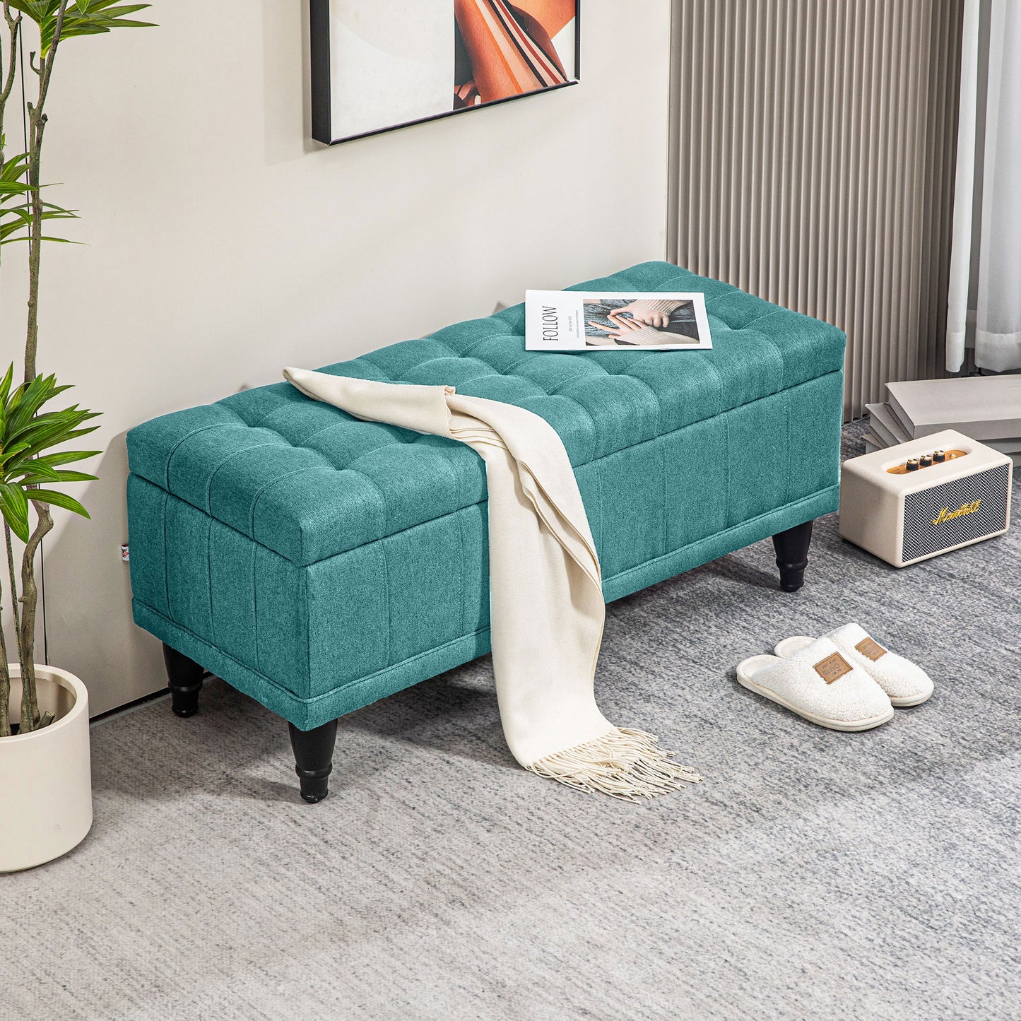 Storage Ottoman, Linen Fabric End of Bed Bench with Button Tufted Storage Bench for Bedroom, Green Storage Ottomans & Benches   at Gallery Canada