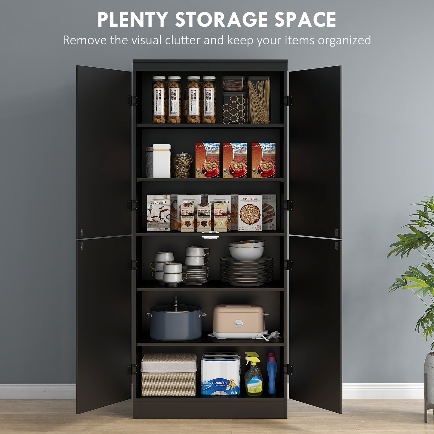 70" 4-Door Storage Cabinet, Freestanding Pantry Cabinet with Adjustable Shelves for Living Room, Black Kitchen Pantry Cabinets   at Gallery Canada