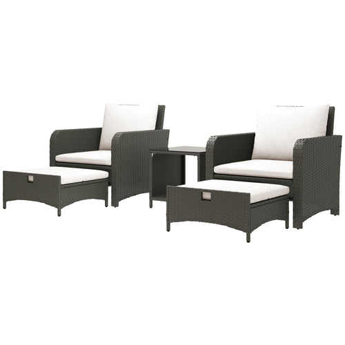 5 Piece Rattan Balcony Furniture Set, Wicker Outdoor Furniture Set with 2-Tier Coffee Table, Ottomans, Grey, Cream White