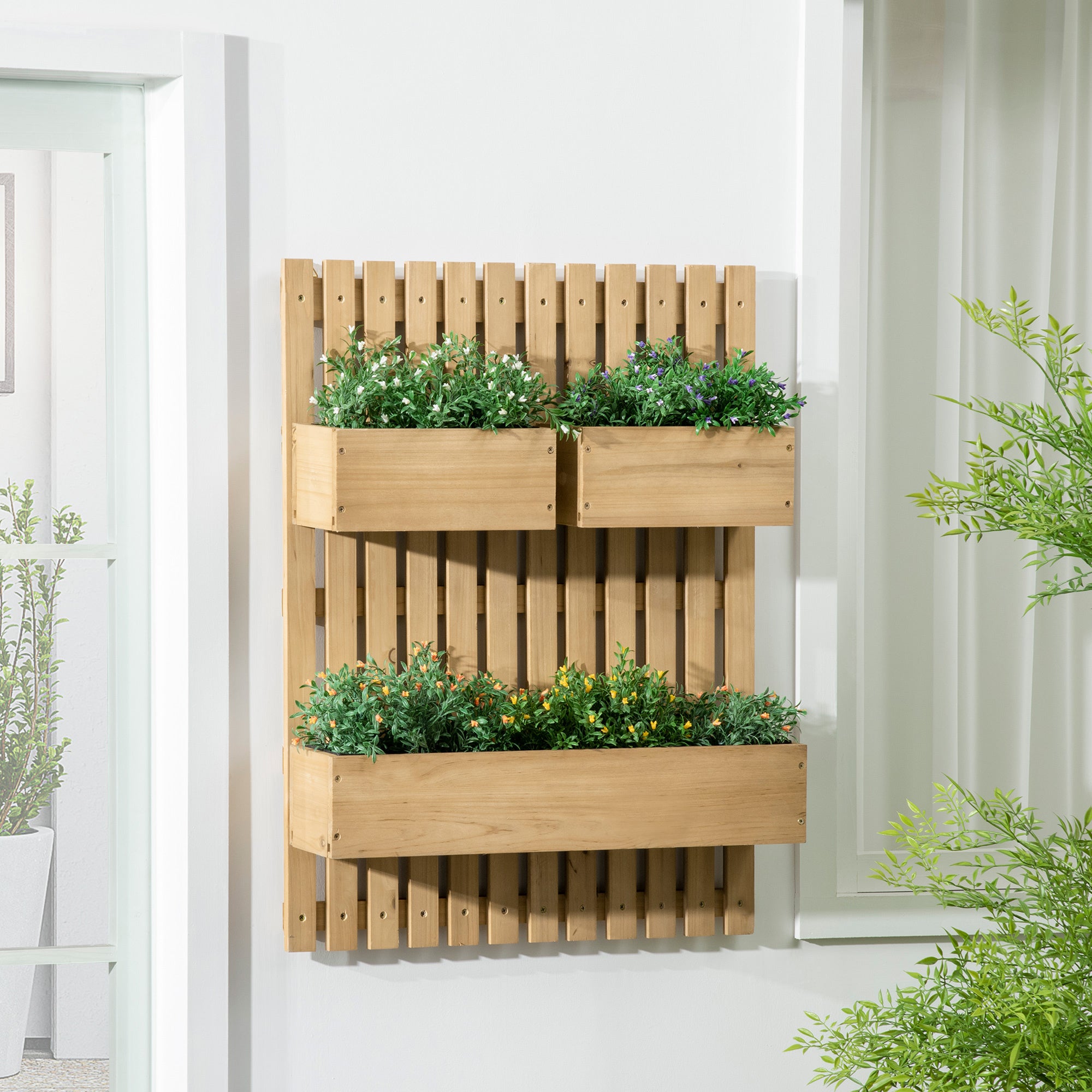 3 Box Raised Garden Bed with Trellis, Wall-Mounted Wood Planter Box Set with Drainage Hole for Flowers, Climbing Plants Raised Garden Beds at Gallery Canada