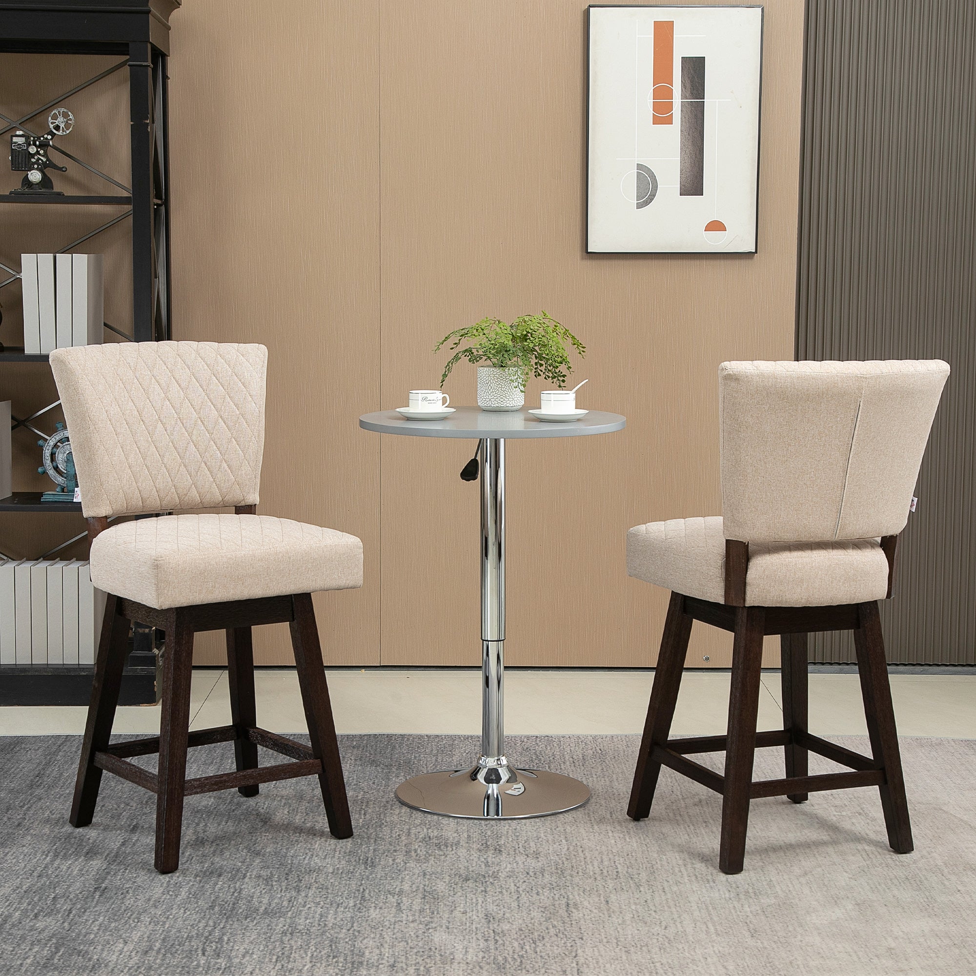 2 Pieces Swivel Bar Stools, Counter Height Stools Set of 2 with Wood Legs and Footrests for Dining Room, Beige Bar Stools   at Gallery Canada