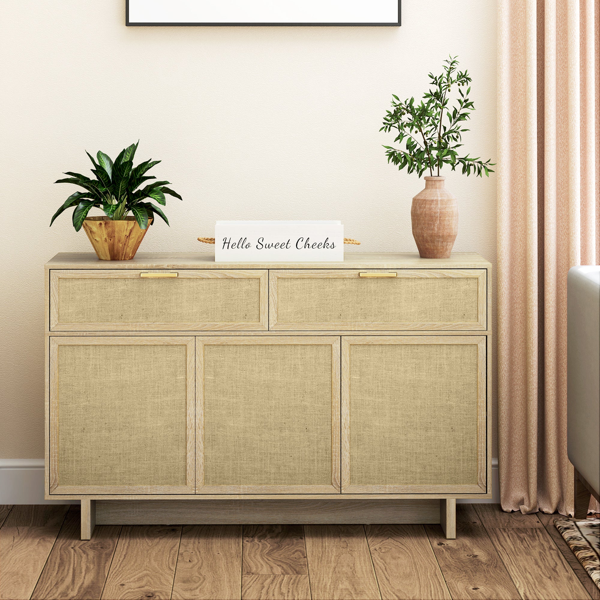 Boho Kitchen Sideboard Buffet Cabinet with Hinge Doors, Drawers and Adjustable Shelf for Living Room, Natural Wood Bar Cabinets at Gallery Canada
