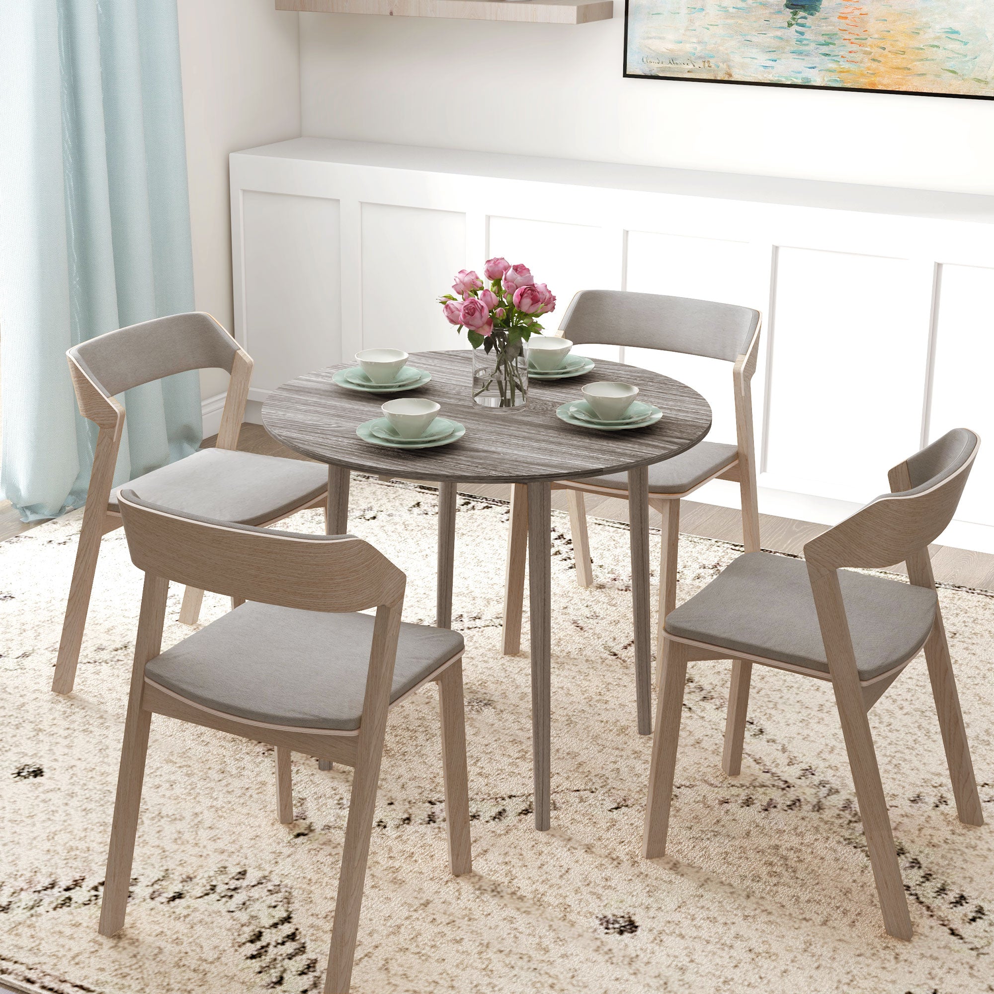 Folding Dining Table, Round Drop Leaf Kitchen Table for Small Spaces with Wood Legs, Distressed Grey Bar Tables & Dining Tables at Gallery Canada