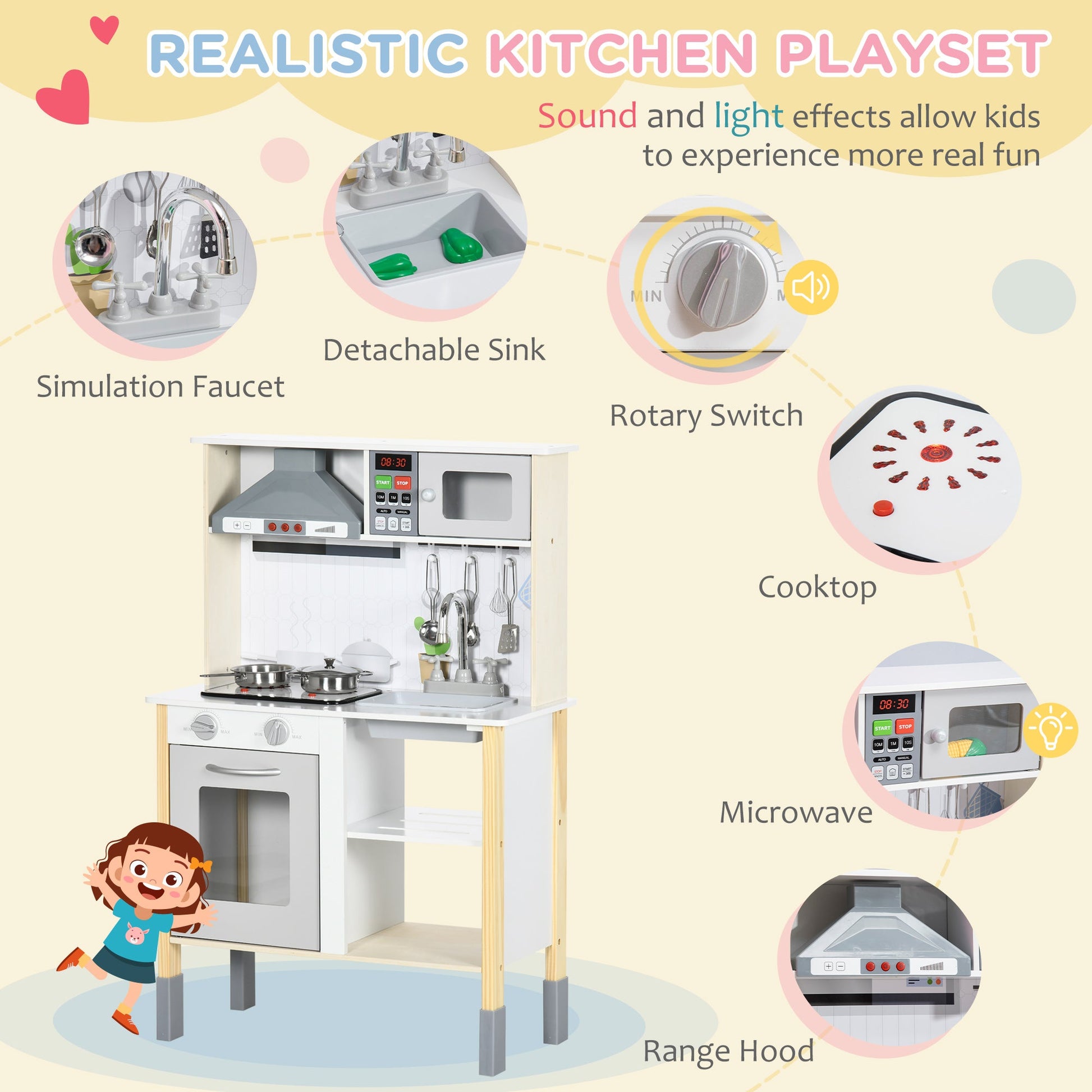 Adjustable Wooden Play Kitchen with Lights, Sounds, Microwave, Accessories, White Play Kitchen   at Gallery Canada