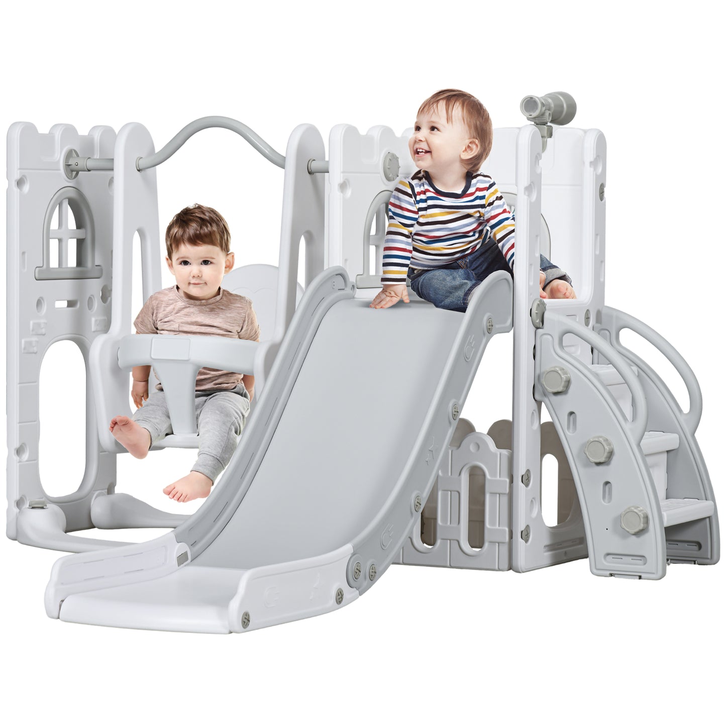 6-in-1 Slide and Swing Set Baby Swing Playset Indoor with Basketball Hoop, Climber, Storage Space, Telescope, Grey Gym Sets & Swings   at Gallery Canada