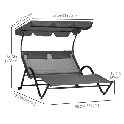 Outdoor Patio Chaise Lounge Chair, Patio Sun Lounger w/ Sunshade Roof, for Two People with Wheels and Breathable Sling Mesh Bed, Pillows, Dark Gray Daybeds   at Gallery Canada