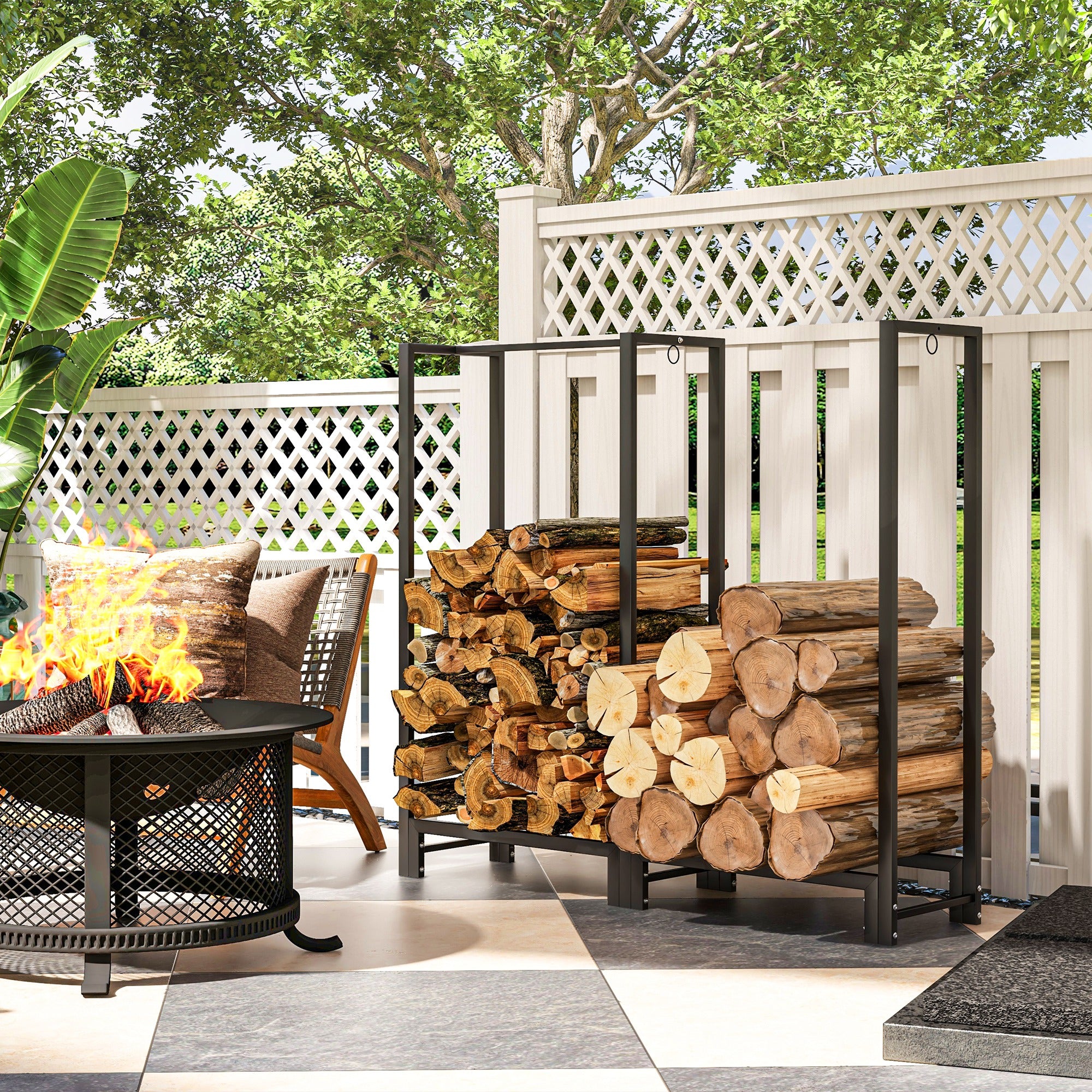 4ft Firewood Rack with Dual Space and Lock Rings, Steel Log Holder for Outdoor Indoor, Black Firewood Racks at Gallery Canada