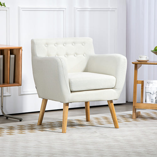 Linen Upholstery Armchair, Mid-Century Modern Accent Chair with Wood Frame and Thick Padding, Cream White