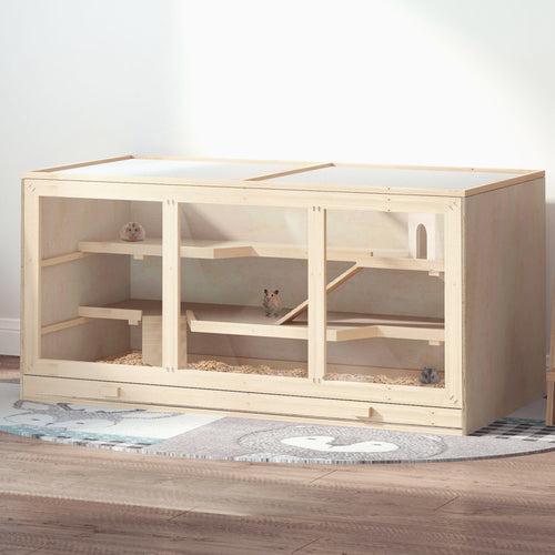 Wooden Hamster Cage Rat Cage with Slide, Tray, Natural Wood