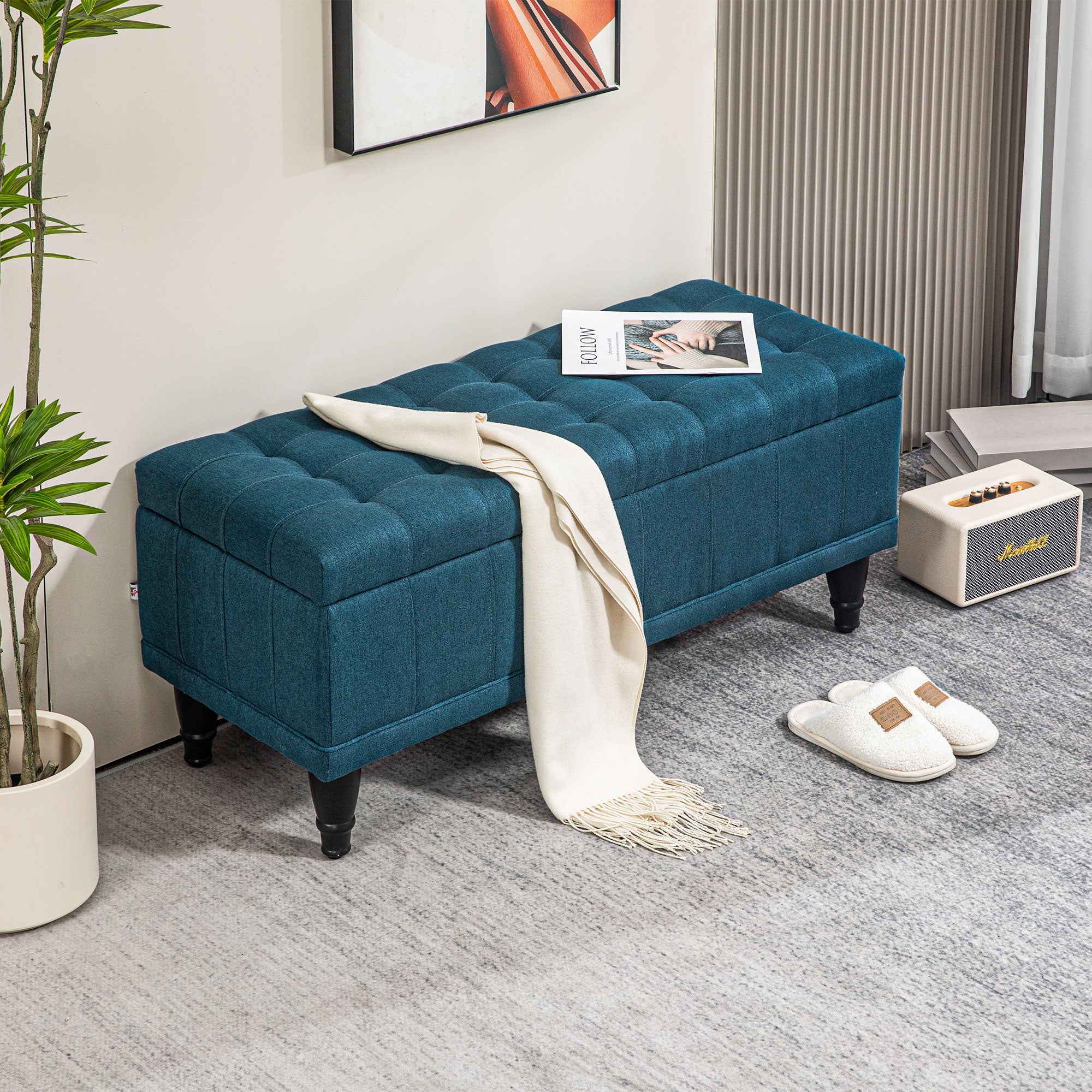 Storage Ottoman, Linen Fabric End of Bed Bench with Button Tufted Storage Bench for Bedroom, Blue Storage Ottomans & Benches at Gallery Canada