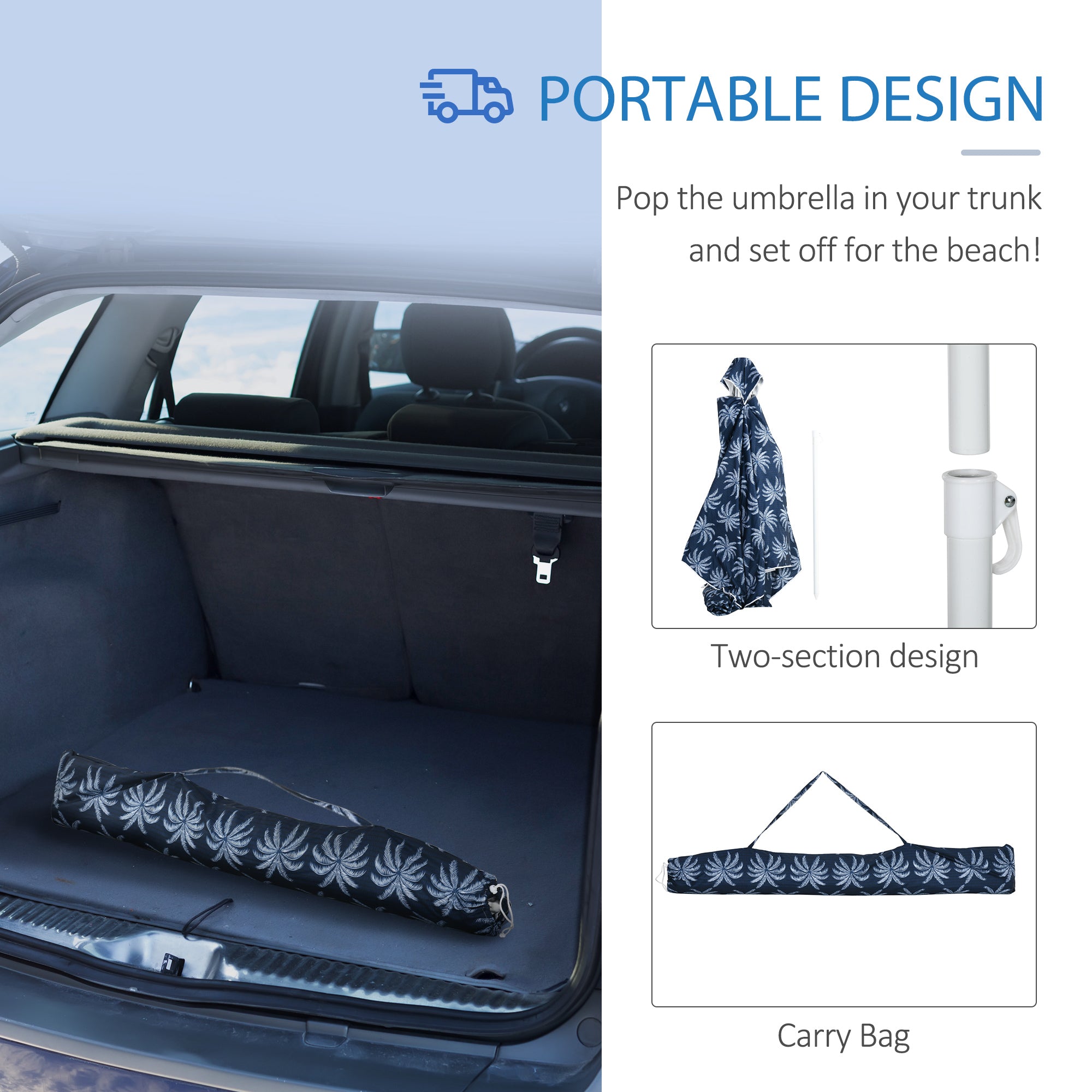 Beach Umbrella, 6.5' Easy-Assembly Sun-Shade Shelter with Sandbags and Carry Bag, Cool UV50+, Dark Blue Beach Umbrellas at Gallery Canada