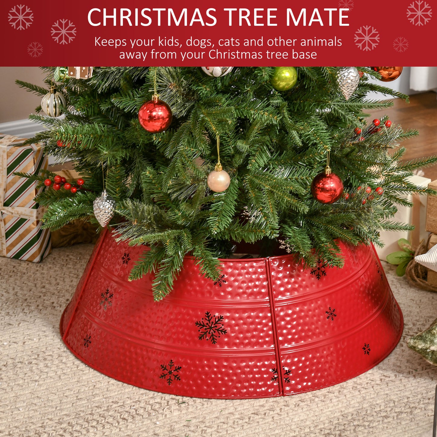 Christmas Tree Collar, 26" Metal Tree Ring Skirt, Home Xmas Decoration with Snowflake Engraving, Red Christmas Trees   at Gallery Canada