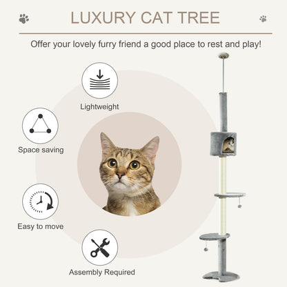 4-Tier Floor to Ceiling Cat Tree, Tall Cat Tower with Scratching Post, Plush Padding, Toy Ball, Cat Condo for Indoor Cats, Light Grey Floor to Ceiling Cat Trees at Gallery Canada