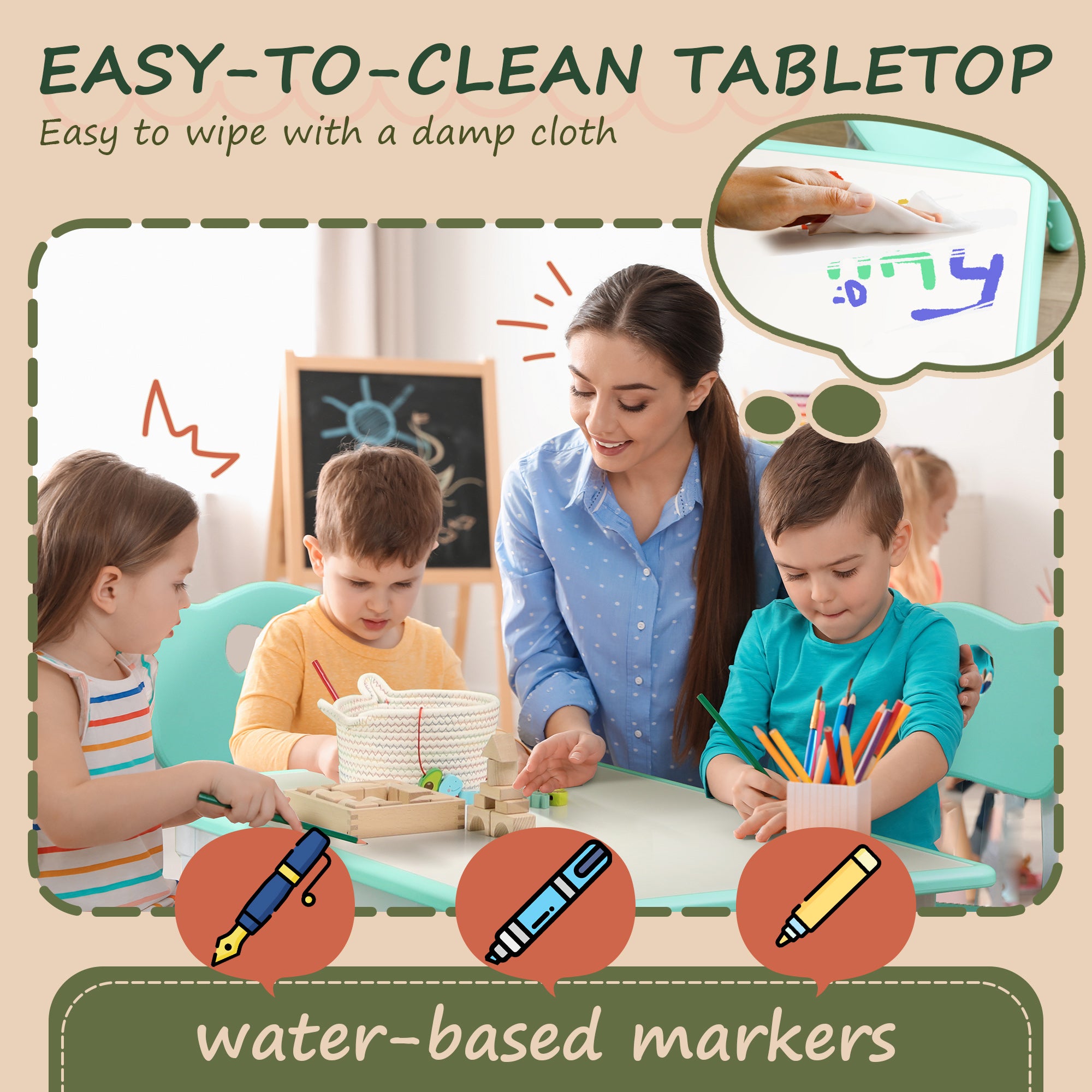 Kids Table and Chair Set with 4 Chairs, Adjustable Height, Easy to Clean, for 1.5 - 5 Years Old, Green Kids Table Sets at Gallery Canada
