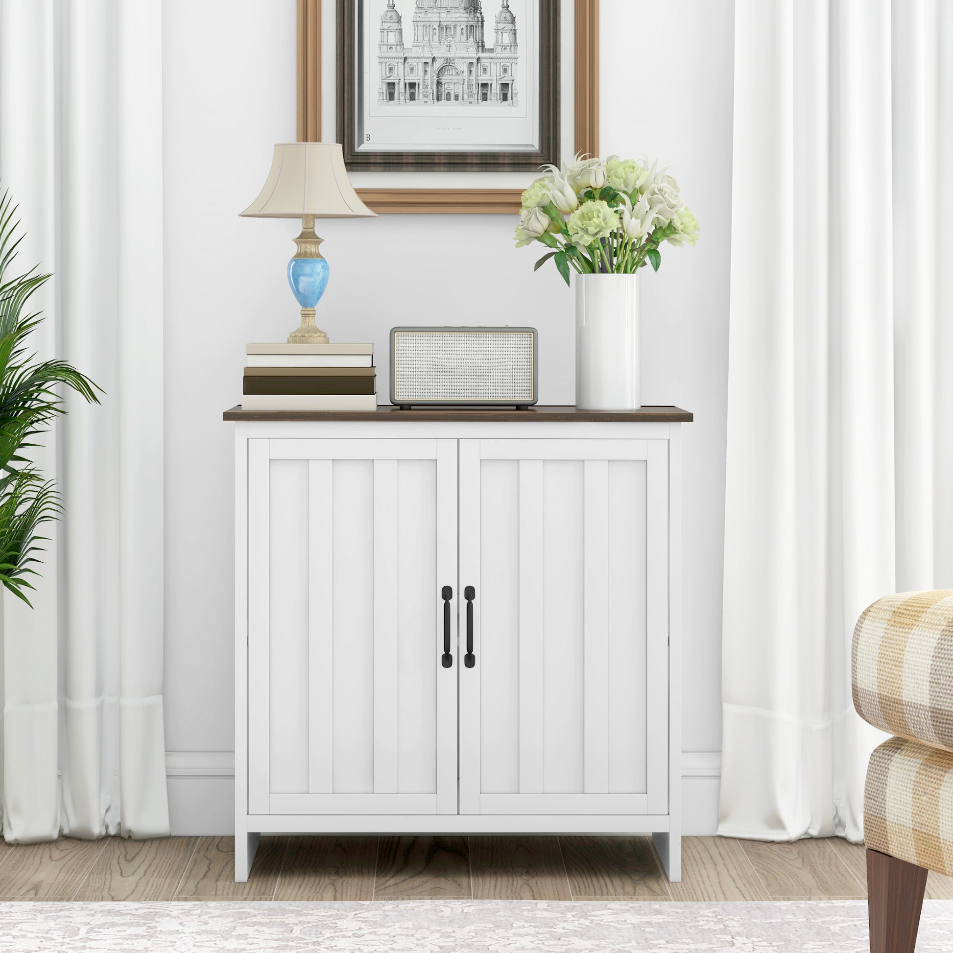 Kitchen Sideboard, Modern Storage Cabinet with Beadboard Doors and Adjustable Shelf for Dining Room, White Storage Cabinets   at Gallery Canada