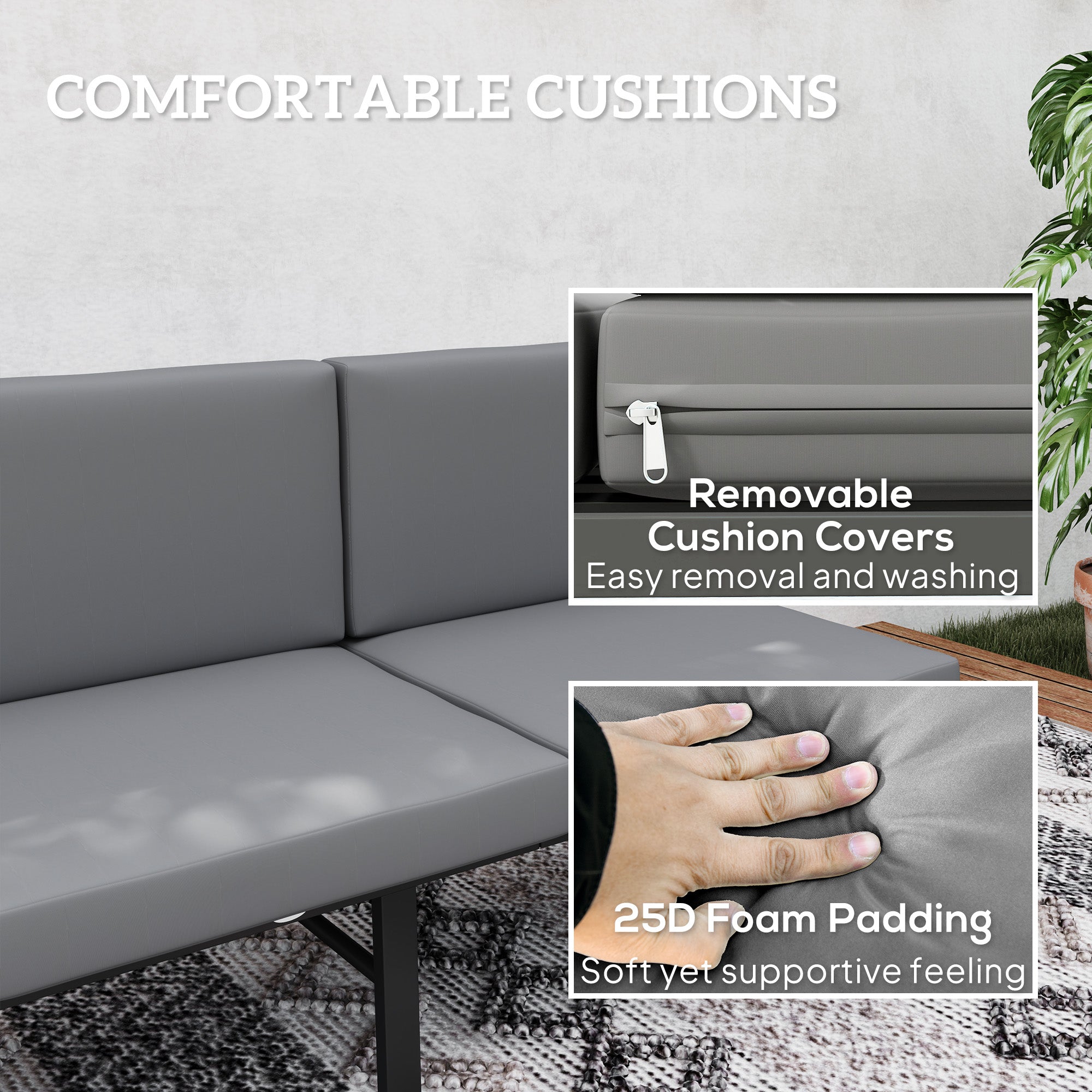 3-in-1 3-Seater Outdoor Sofa, Lounge Chair with 5-Position Adjustable Back, Patio Loveseat with Folding Table, Grey Patio Chairs at Gallery Canada