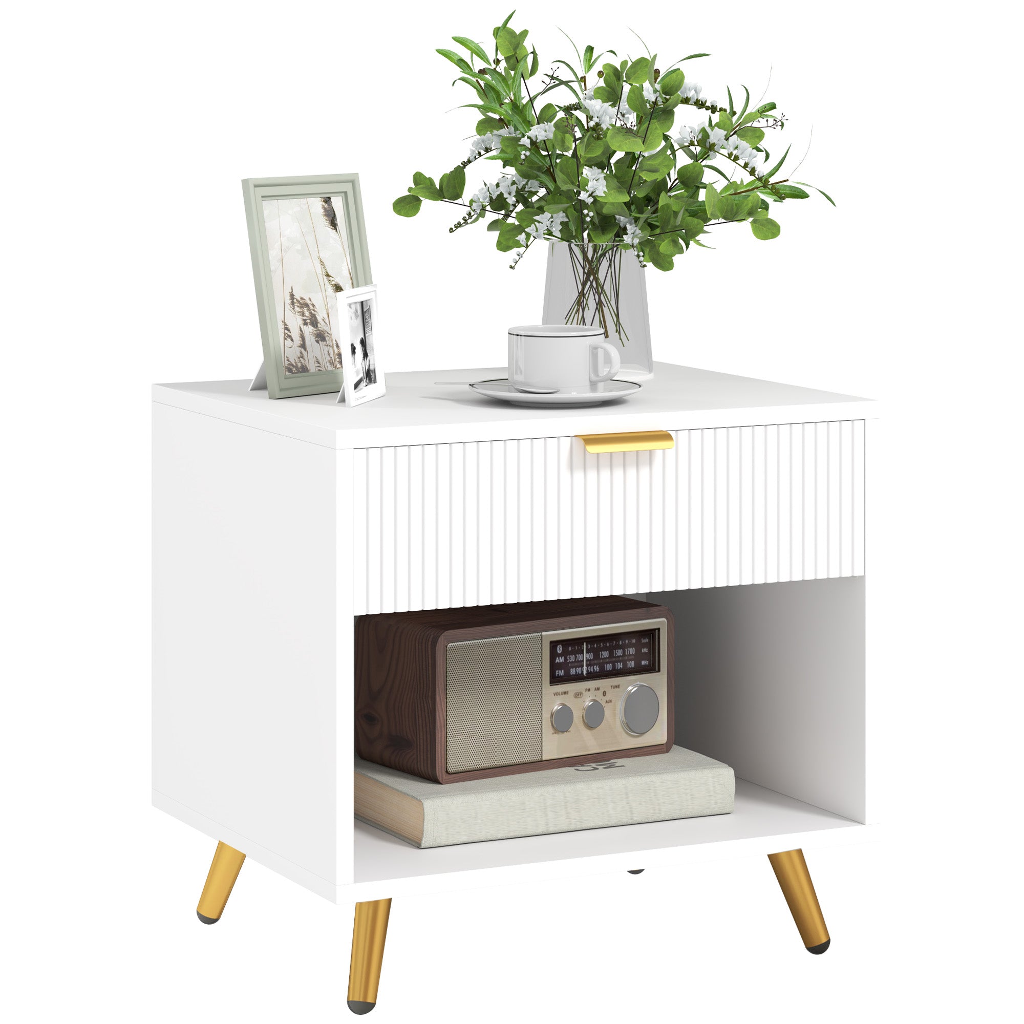 Nightstand with Fluted Panel, Bedside Table with Drawer and Open Compartment, Modern Night Table for Bedroom, White Bedside Tables White at Gallery Canada