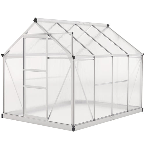 6' x 8' x 6.6' Polycarbonate Greenhouse, Walk-In Green House Kit Garden, Plants Grow, Galvanized Sheet Aluminum Frame with Rain Gutter, Vent and Sliding Door, Silver