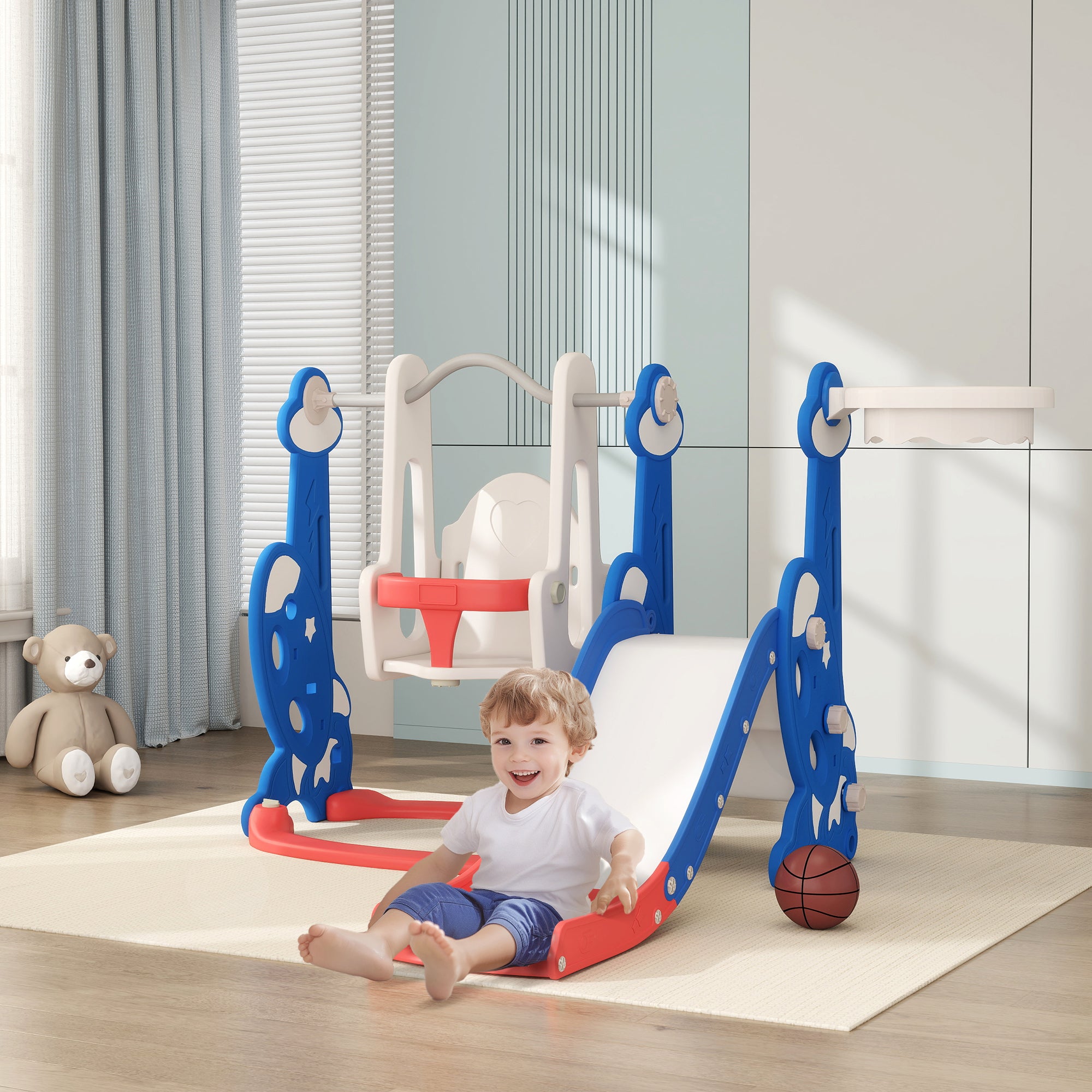 4-in-1 Slide and Swing Set with Basketball Hoop, Climber, for Ages 1.5-4 Boys Girls Toddler, Rocket Themed, Dark Blue Gym Sets & Swings at Gallery Canada