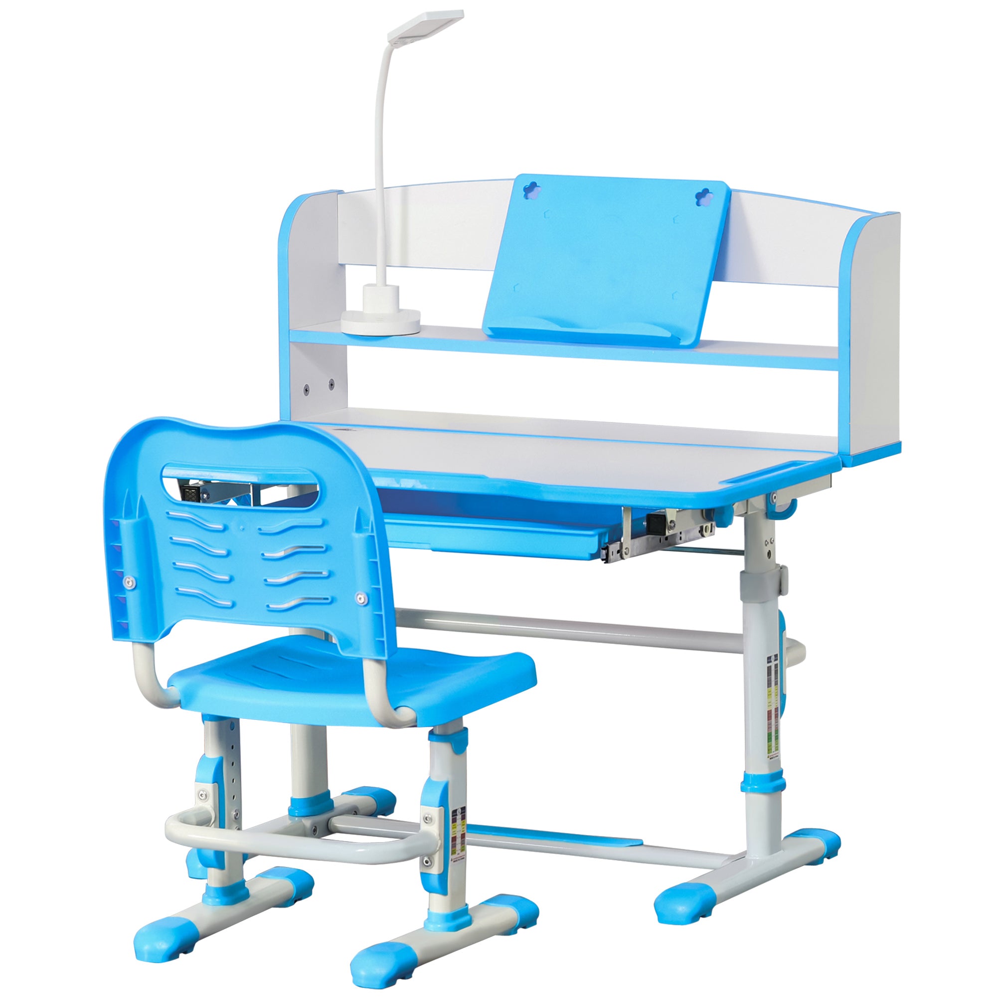 Kids Desk and Chair Set with Easy Rotation Handle, Height Adjustable Study Table and Chair Set with LED Lamp, Bookshelf, Drawer, Reading Board, Pen Slot, Hook, Blue Kids Desk Sets at Gallery Canada