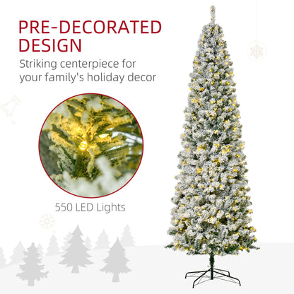 9 Feet Prelit Artificial Snow Flocked Pencil Christmas Tree, Slim Xmas Tree with Warm White LED Light, Holiday Home Xmas Decoration, Green Pre Lit Christmas Trees   at Gallery Canada