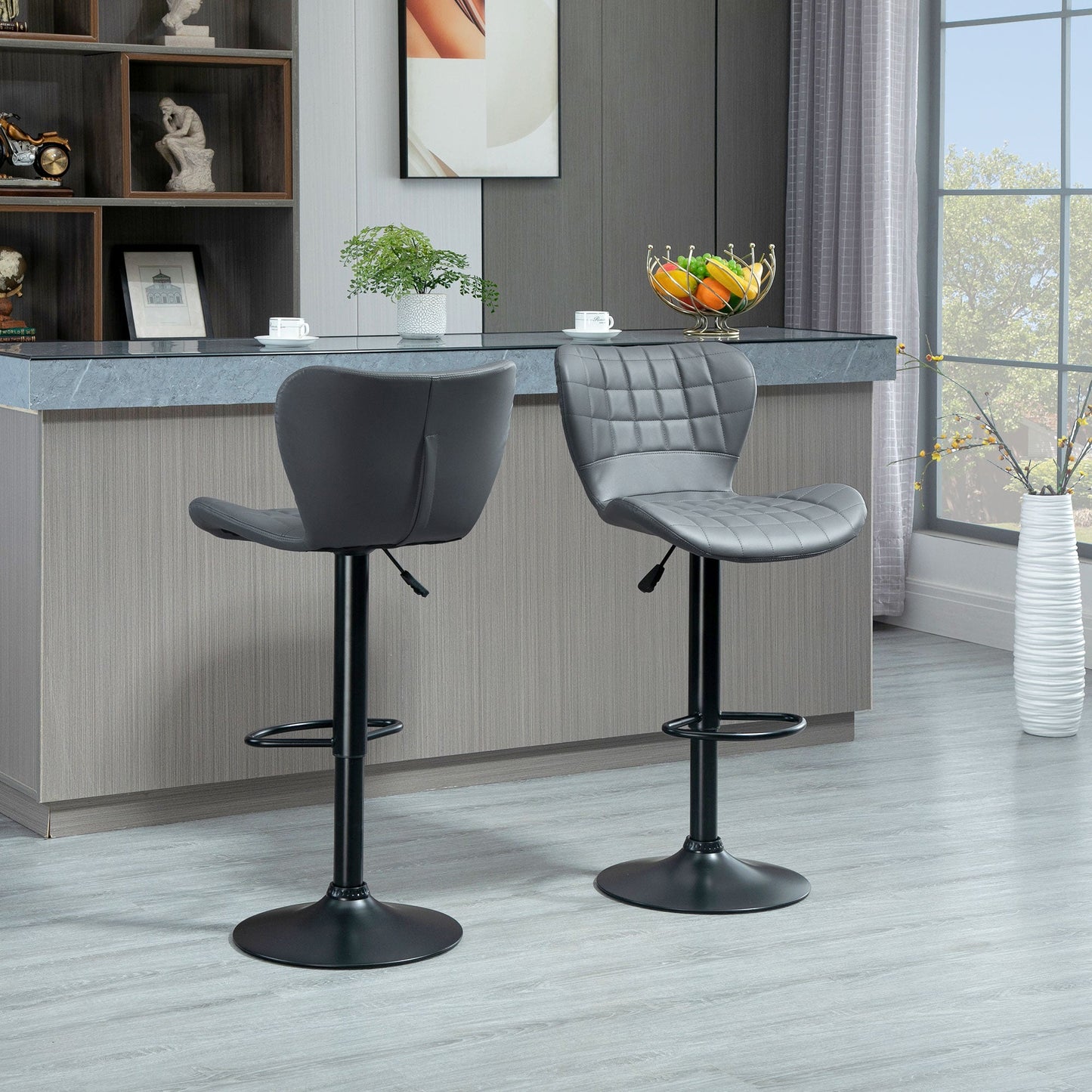 Bar Stools Set of 2 Adjustable Height Swivel Bar Chairs in PU Leather with Backrest &; Footrest, Grey Bar Stools   at Gallery Canada