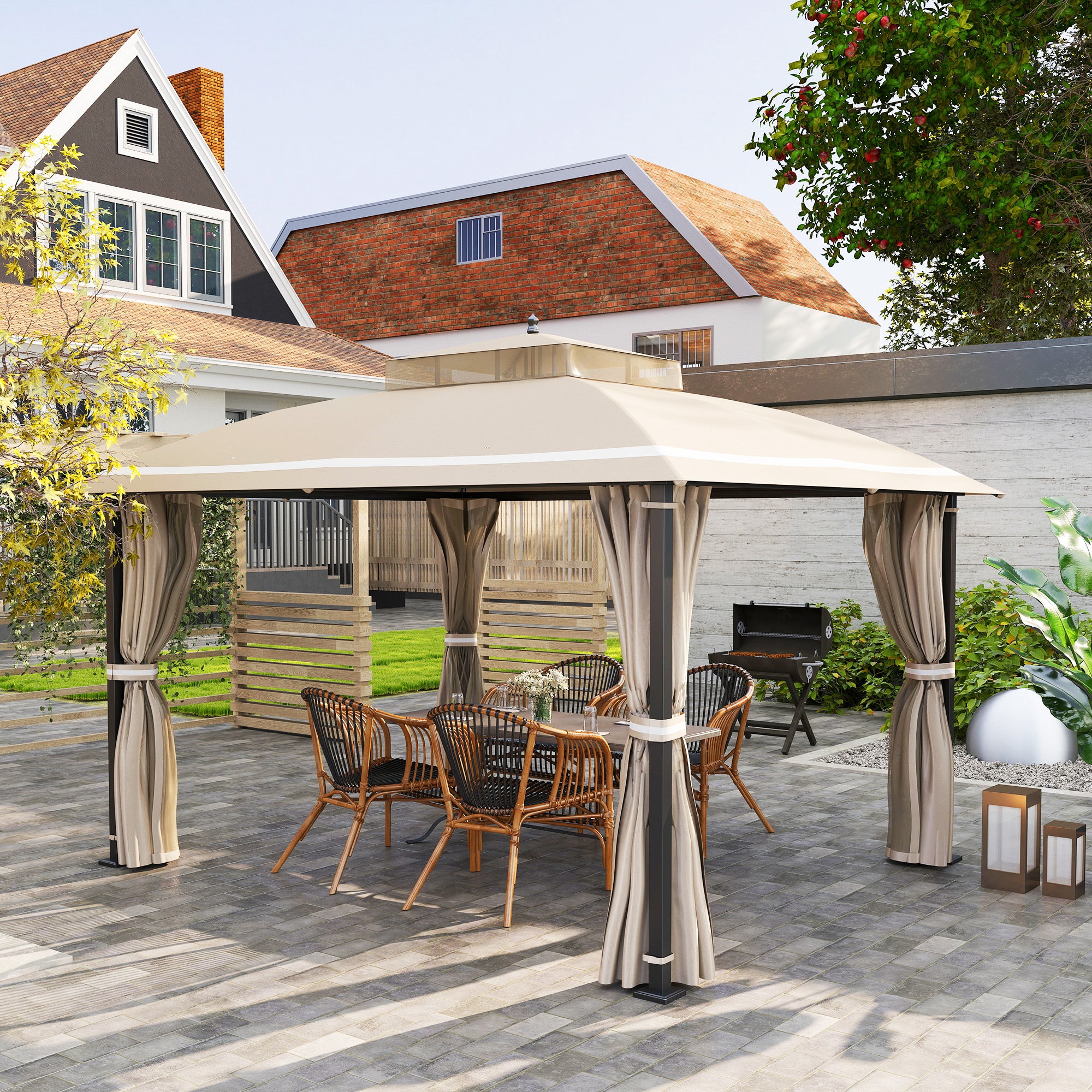 10' x 12' Outdoor Gazebo, Double Roof Patio Gazebo Canopy with Netting and Curtains for Garden, Lawn, Backyard, Deck Gazebos at Gallery Canada