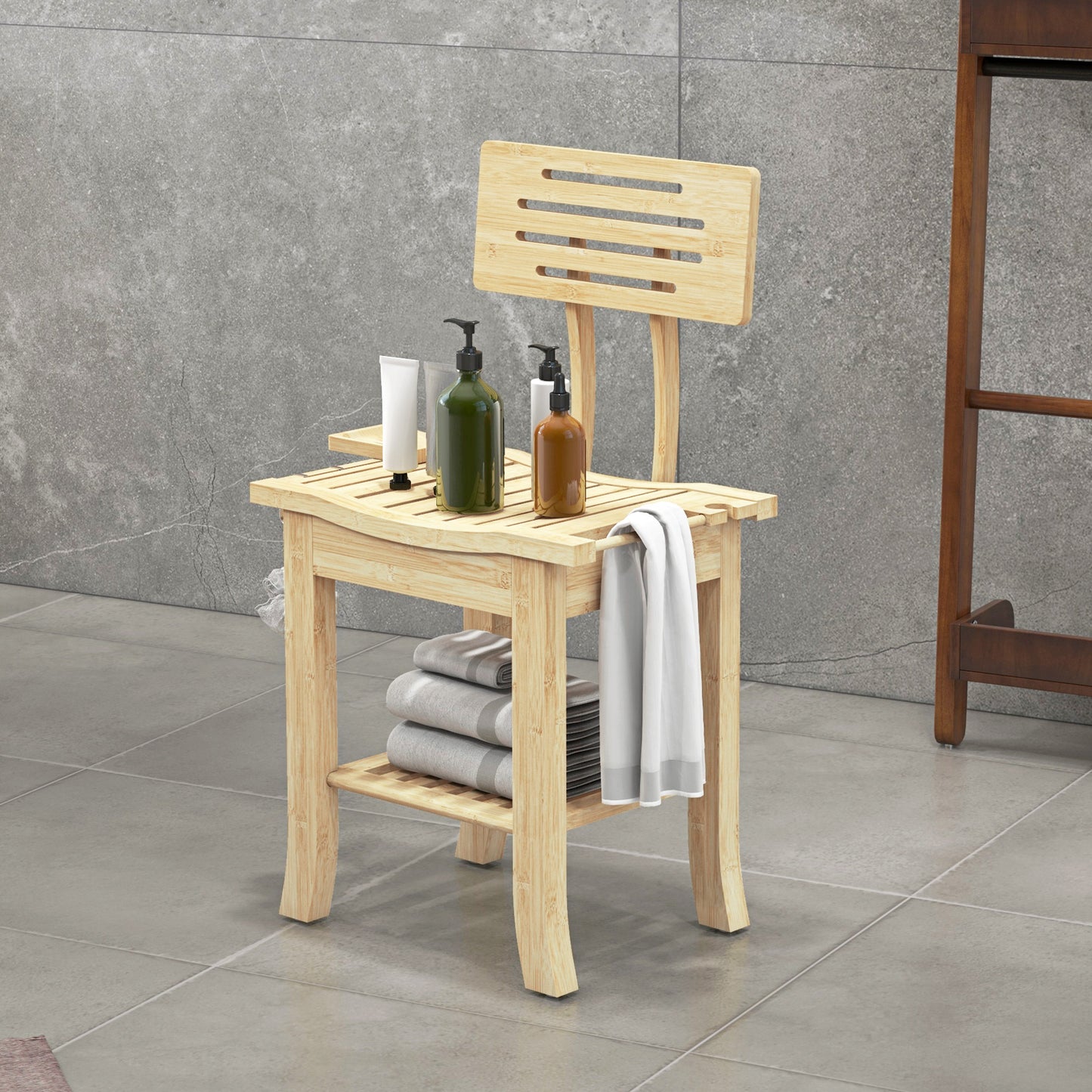 Bathroom Bench with Back, Bamboo Shower Bench with Towel Rack, Shower Head Holder and Soap Dish, Natural Wood Bath Chairs at Gallery Canada