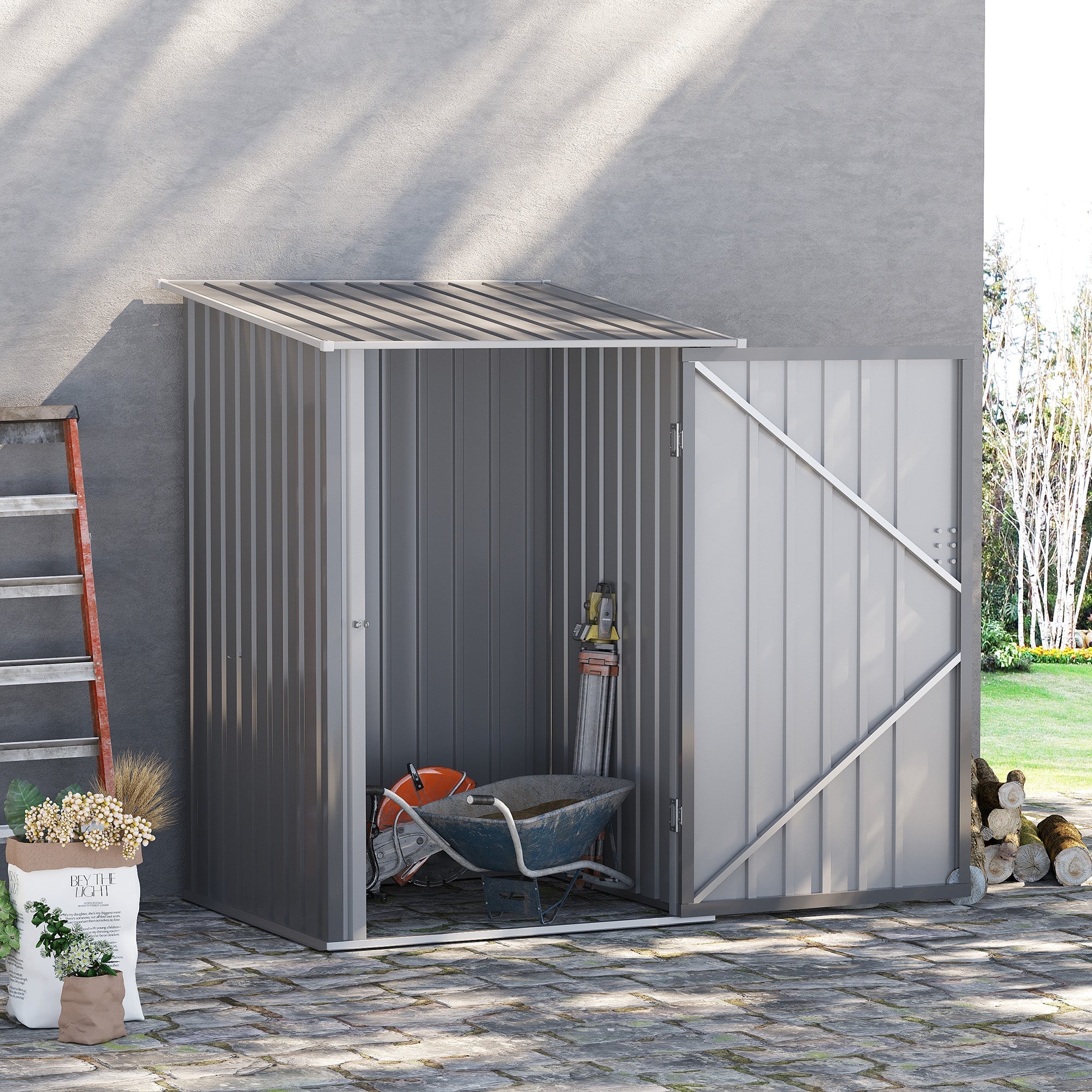 3.3' x 3.4' Lean-to Garden Storage Shed, Outdoor Galvanized Steel Tool House with Lockable Door for Patio Grey Sheds   at Gallery Canada