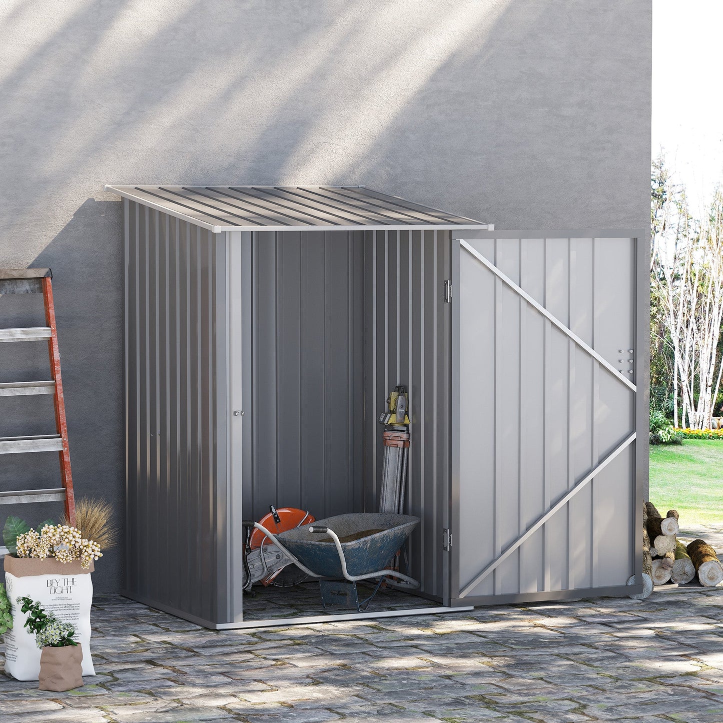 3.3' x 3.4' Lean-to Garden Storage Shed, Outdoor Galvanized Steel Tool House with Lockable Door for Patio Grey Sheds   at Gallery Canada