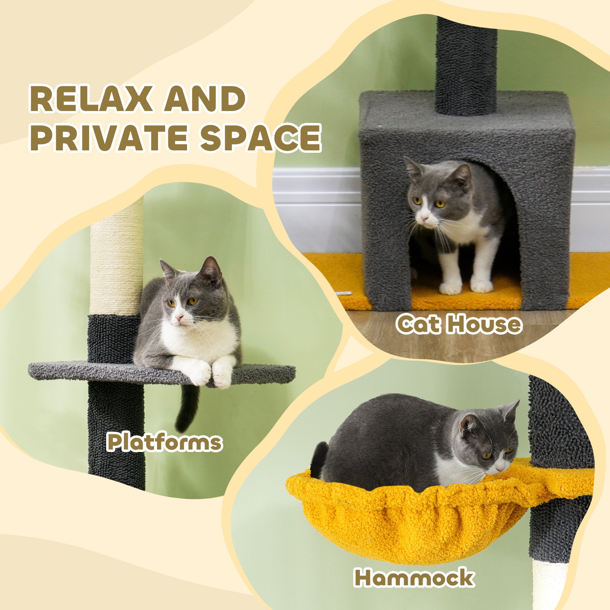 Floor to Ceiling Cat TreeTower with 90.5"-108" Adjustable Height, Scratching Posts, Hammock, Comdo, Toy Ball, Dark Grey Floor to Ceiling Cat Trees   at Gallery Canada