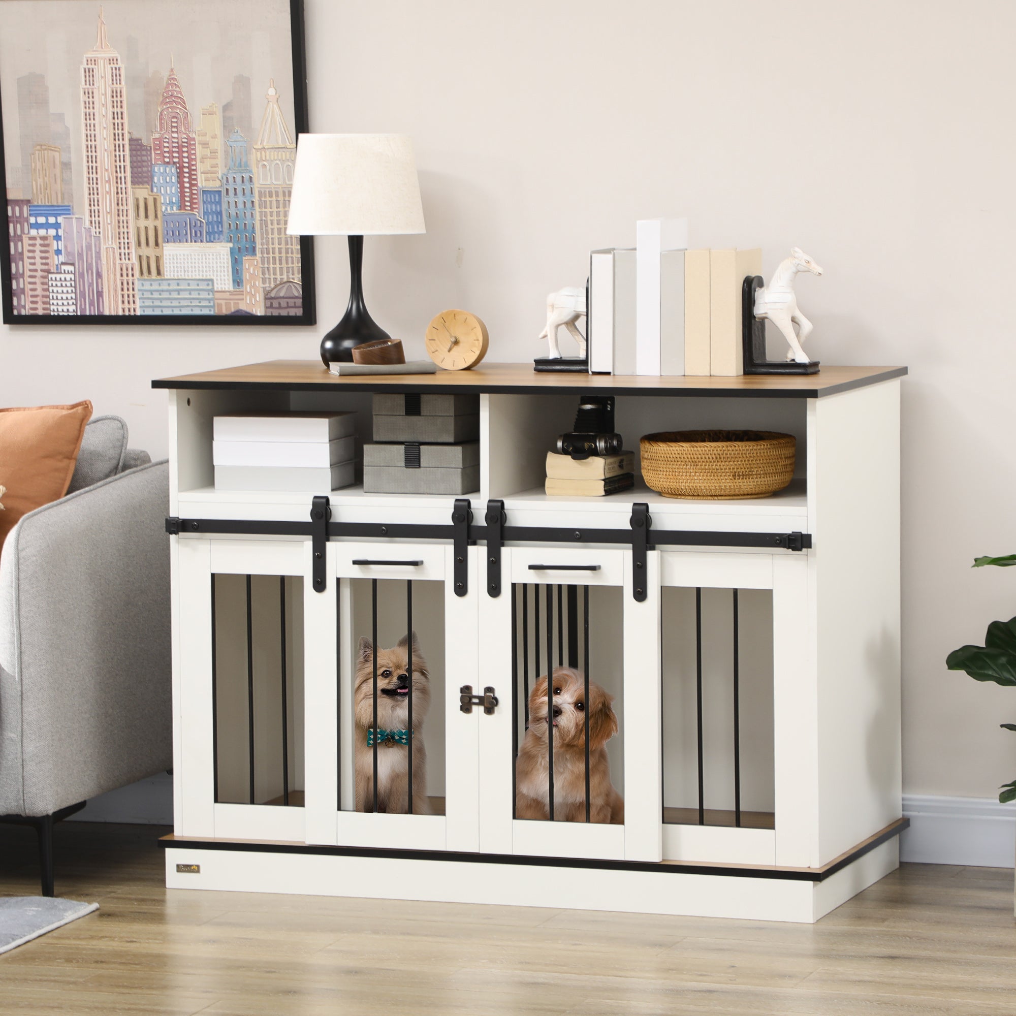 Dog Crate Furniture for Large Dogs with Removable Divider, Dog Kennel for 2 Small Dogs with Storage, White Houses, Kennels & Pens   at Gallery Canada