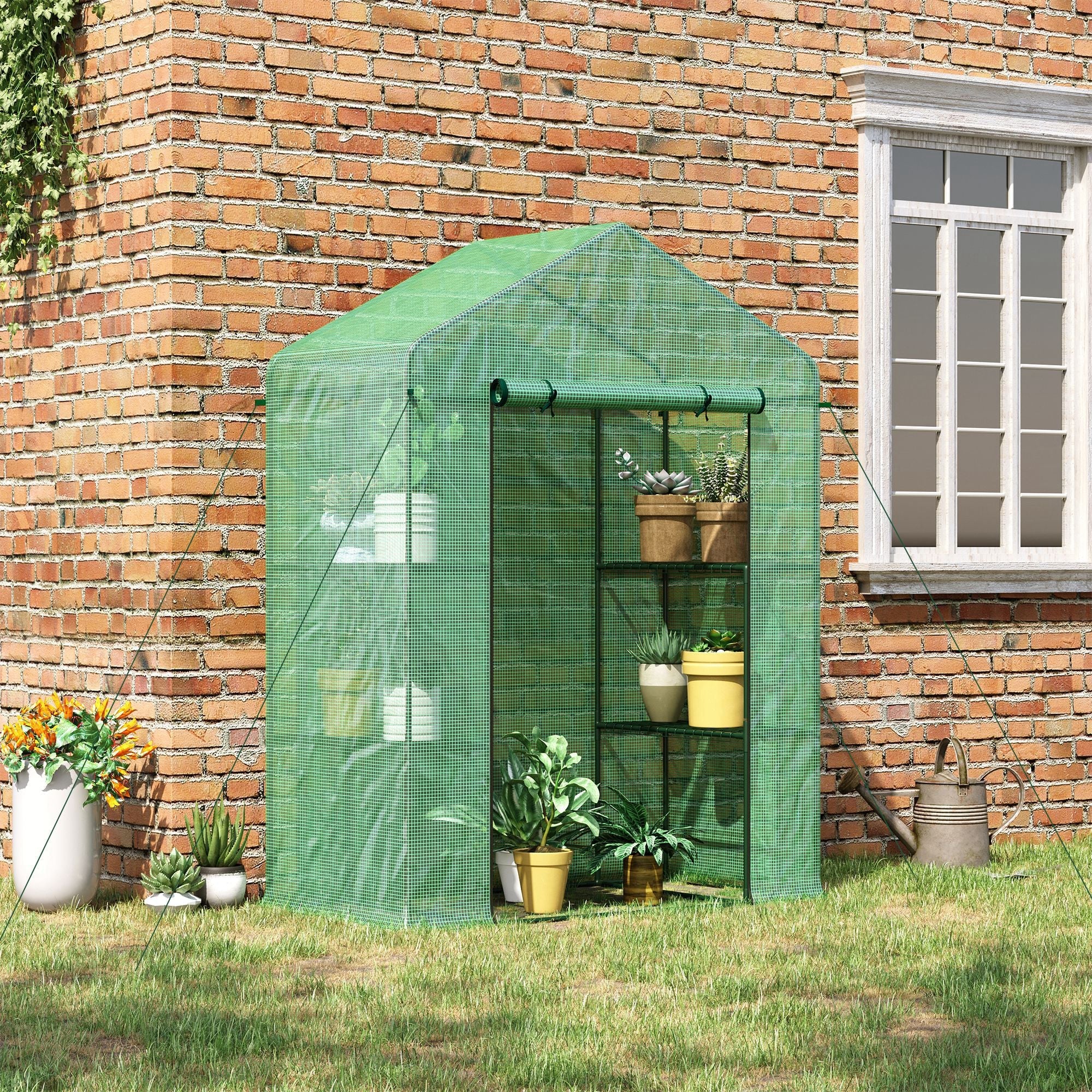 3-Tier Mini Greenhouse, Walk-in Greenhouse, Garden Hot House with 4 Shelves, Roll-Up Door and Weatherized Cover, 56