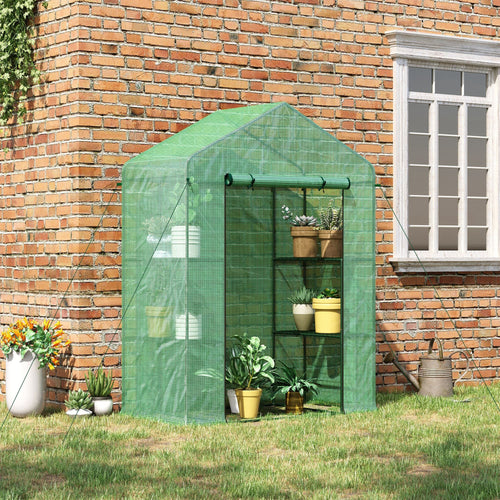 3-Tier Mini Greenhouse, Walk-in Greenhouse, Garden Hot House with 4 Shelves, Roll-Up Door and Weatherized Cover, 56