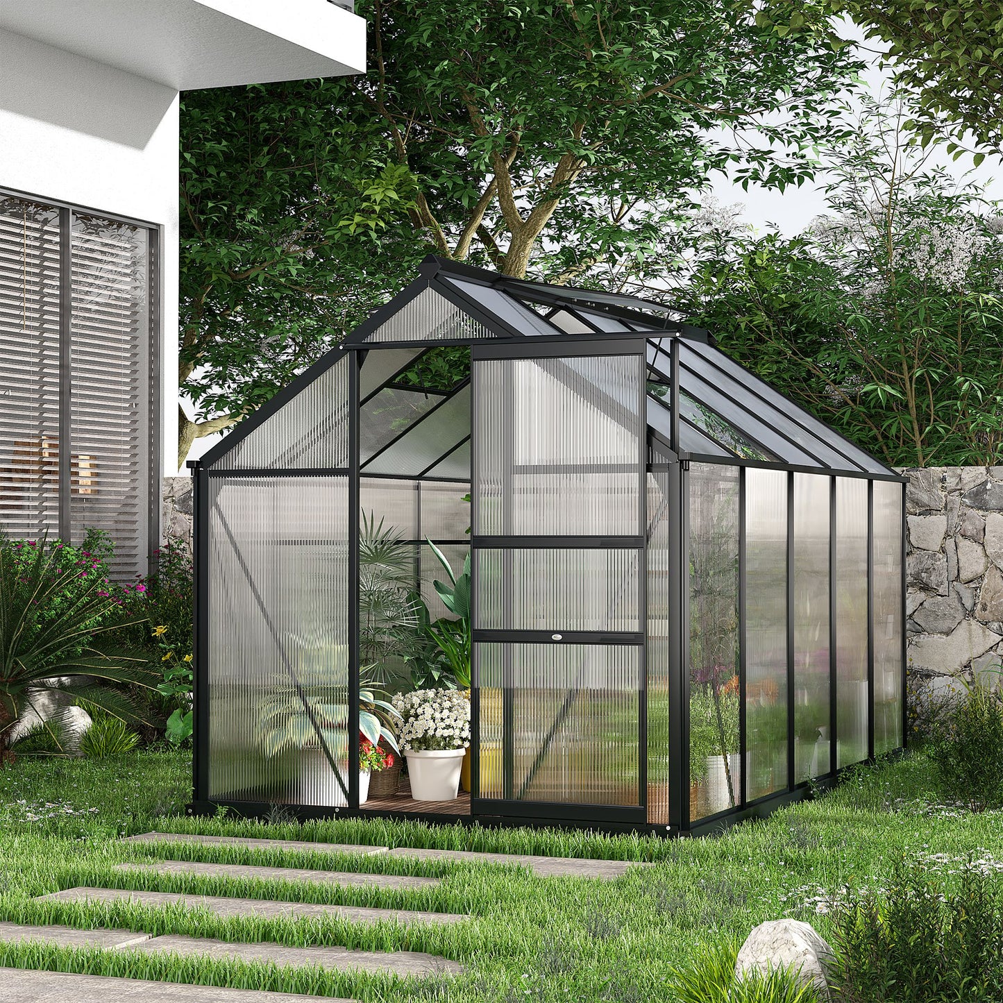 6' x 10' x 6.6' Polycarbonate Greenhouse, Walk-In Green House Kit Garden, Plants Grow, Galvanized Sheet Aluminum Frame with Rain Gutter, Vents and Sliding Door, Grey Walk In Greenhouses at Gallery Canada