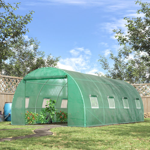 Walk-in Tunnel Greenhouse, 19 x 10 x 6.6 ft Hoop House with Zipped Roll-Up Door and 8 Mesh Windows, Outdoor Greenhouse with Galvanised Steel Frame, Green