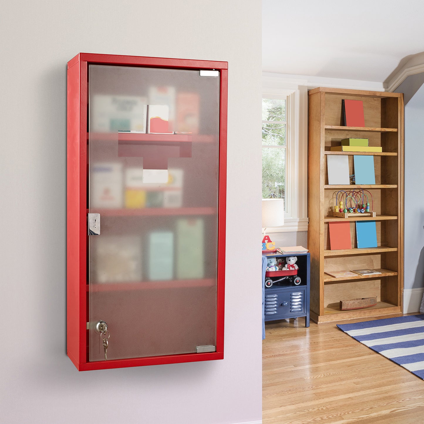 Wall Mount Medicine Cabinet Bathroom Cabinet with 4 Tier Shelves, Steel Frame and Glass Door, Lockable with 2 Keys Mirror Medicine Cabinets   at Gallery Canada