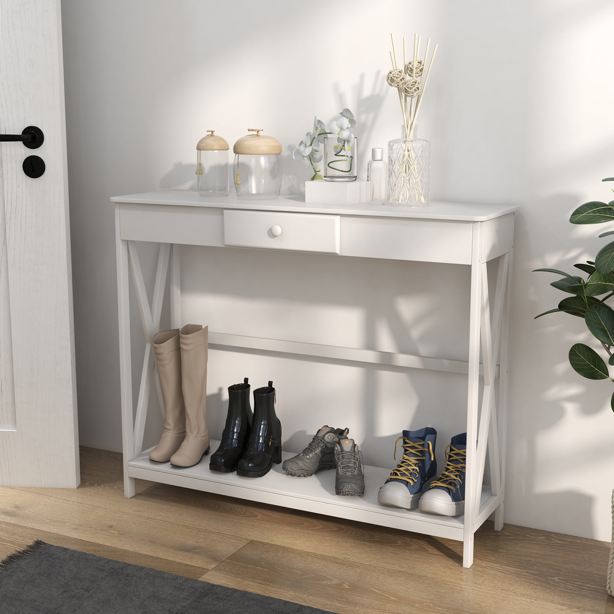 Console Table, Narrow Entryway Table with Drawer Storage Shelf and X-frame for Hallway for Living Room, White Console Tables   at Gallery Canada