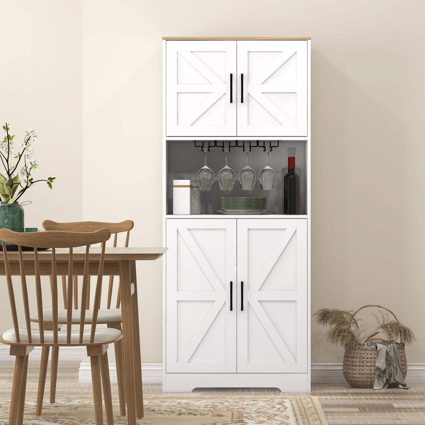 Farmhouse Kitchen Pantry, 68" Freestanding Hutch Storage Cabinet with Microwave Oven Countertop, White Kitchen Pantry Cabinets   at Gallery Canada