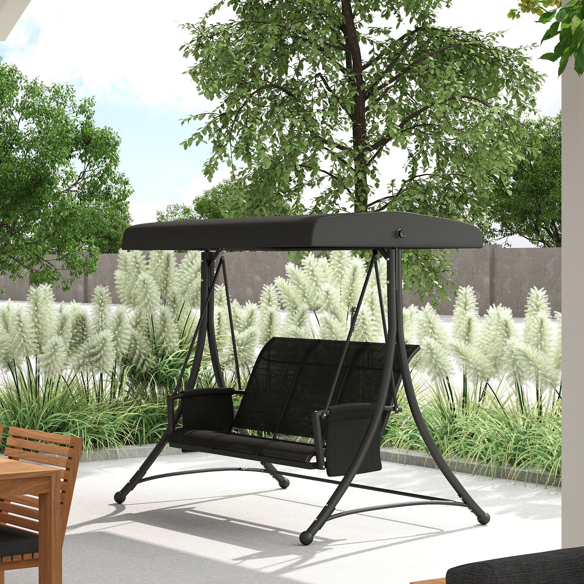 3 Person Outdoor Porch Swing Chair with Adjustable Canopy, Black Porch Swings with Canopy at Gallery Canada