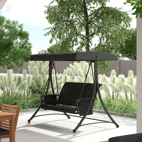 3 Person Outdoor Porch Swing Chair with Adjustable Canopy, Black