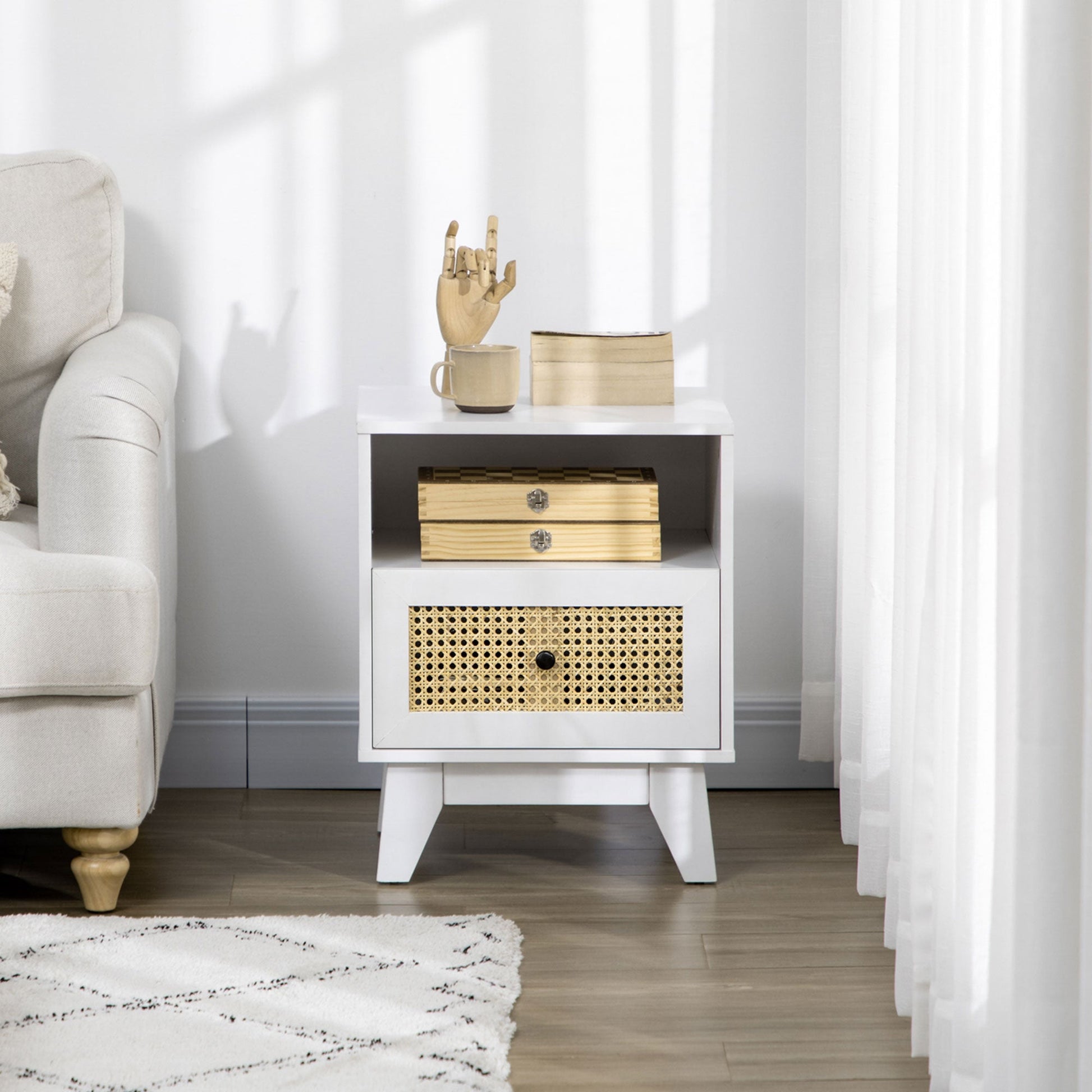 Bedside Table with Rattan Element, Side End Table with Drawer and Shelf, 17.7"x15.4"x22.2", White Bedside Tables   at Gallery Canada